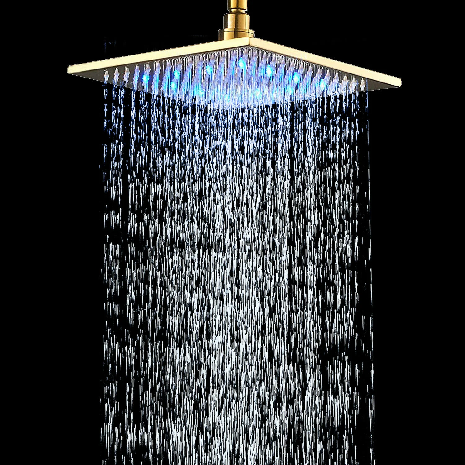 Polished Gold 12 or 16-Inch Square LED Light Rainfall Shower Head Overhead Sprayer (Shower Arm Not Included) - Image 6