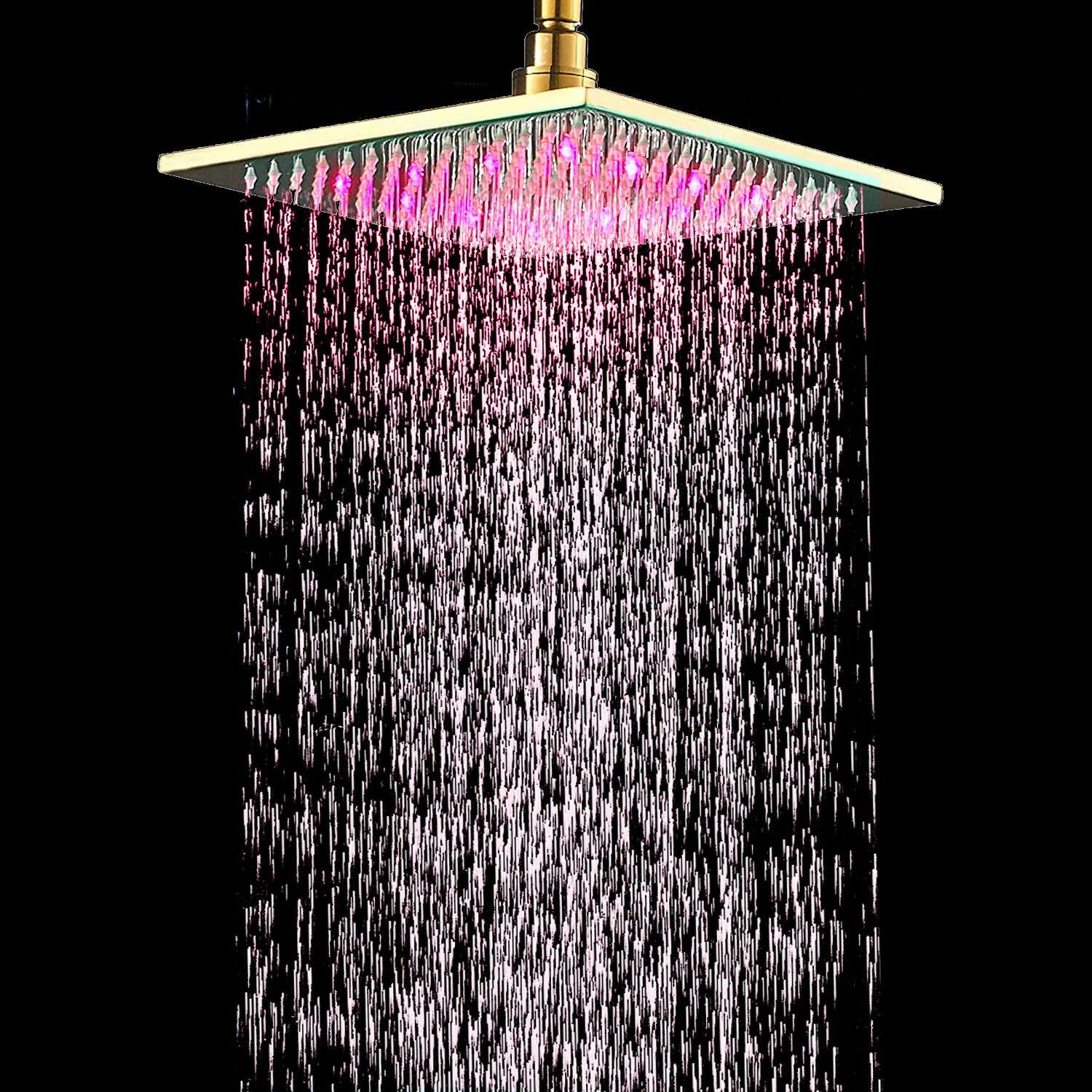Polished Gold 12 or 16-Inch Square LED Light Rainfall Shower Head Overhead Sprayer (Shower Arm Not Included) - Image 7