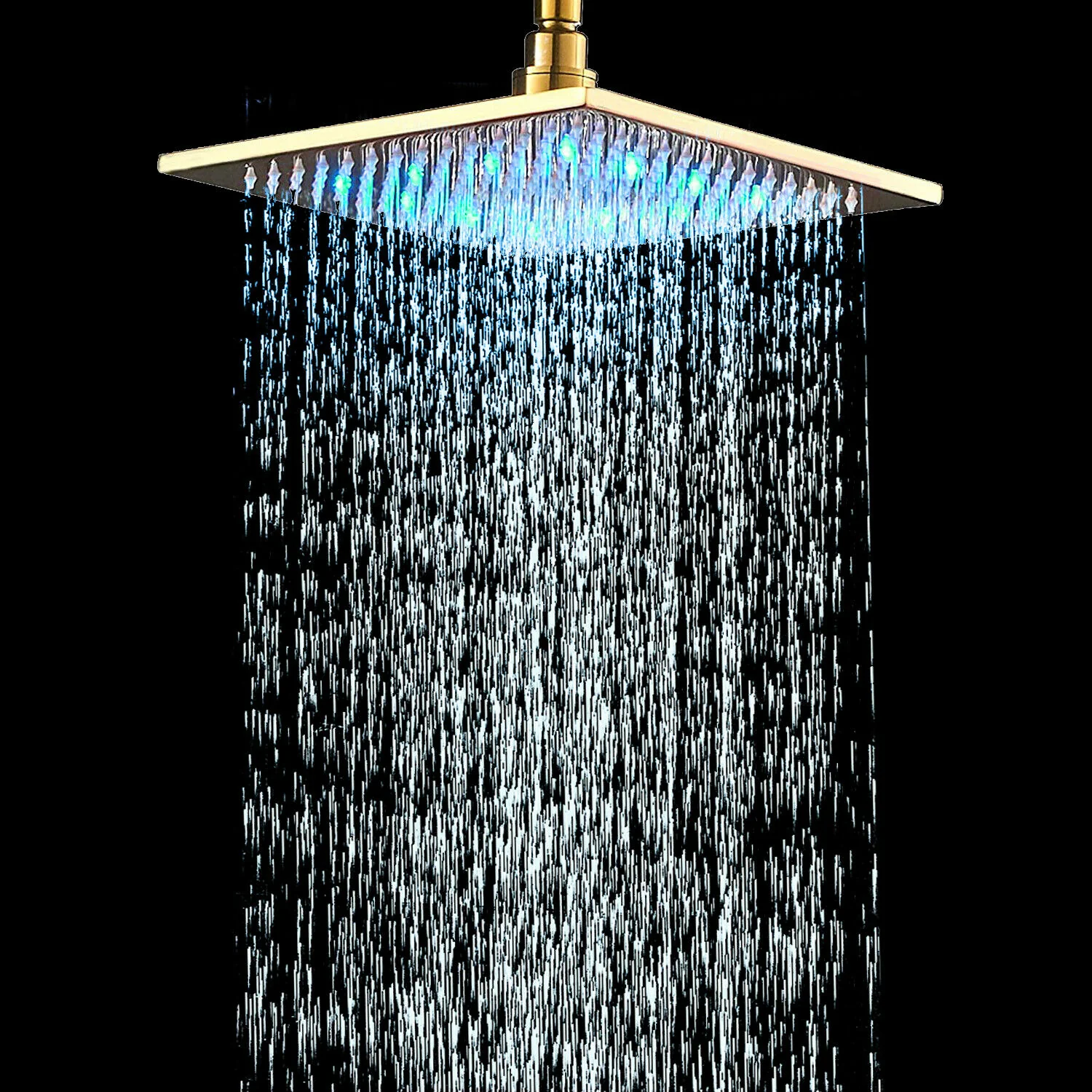 Polished Gold 12 or 16-Inch Square LED Light Rainfall Shower Head Overhead Sprayer (Shower Arm Not Included) - Image 8