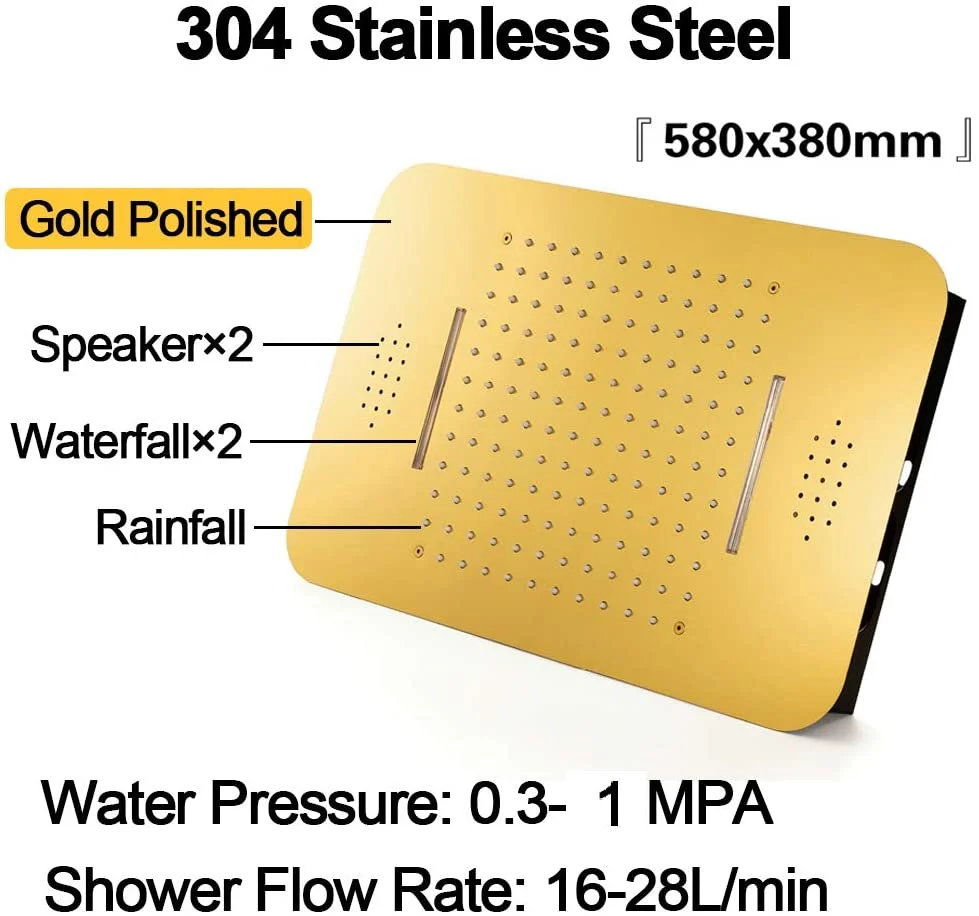Elegant Gold 23x15 inch LED Music Shower Head with 4-Way Thermostatic Valve for Simultaneous and Independent Operation - Image 4