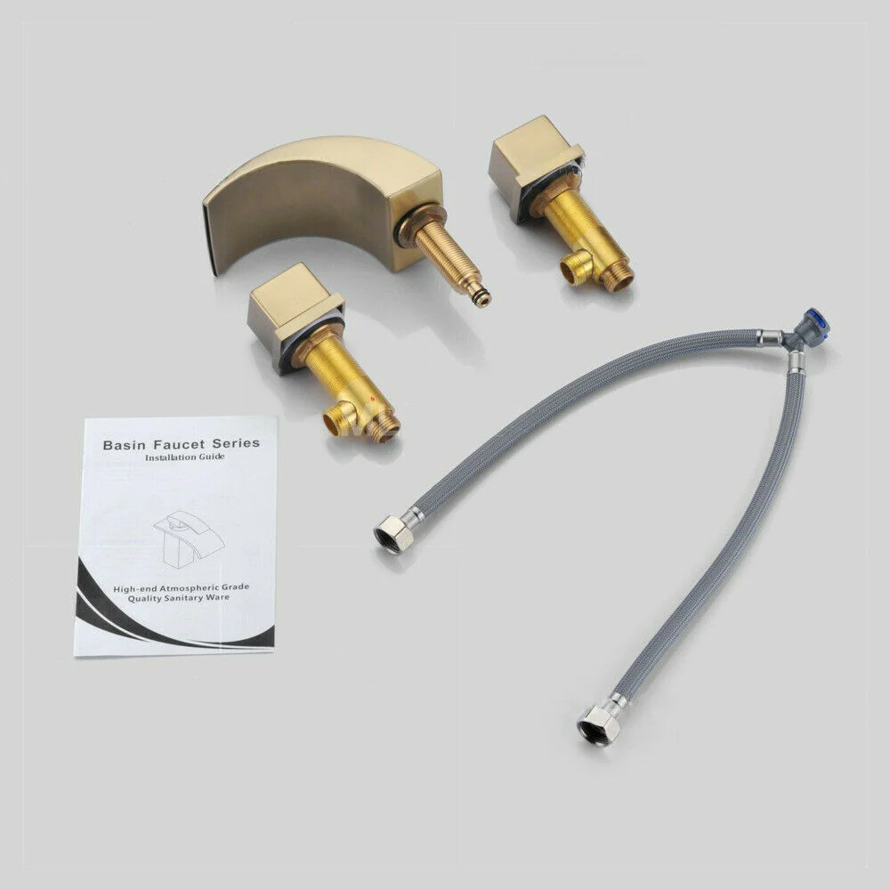 Brushed Gold or Matte Black Or Brushed Nickel Waterfall Bathroom Sink Faucet with 3 Holes, 2 Handles and Pop-Up Drain - Image 6
