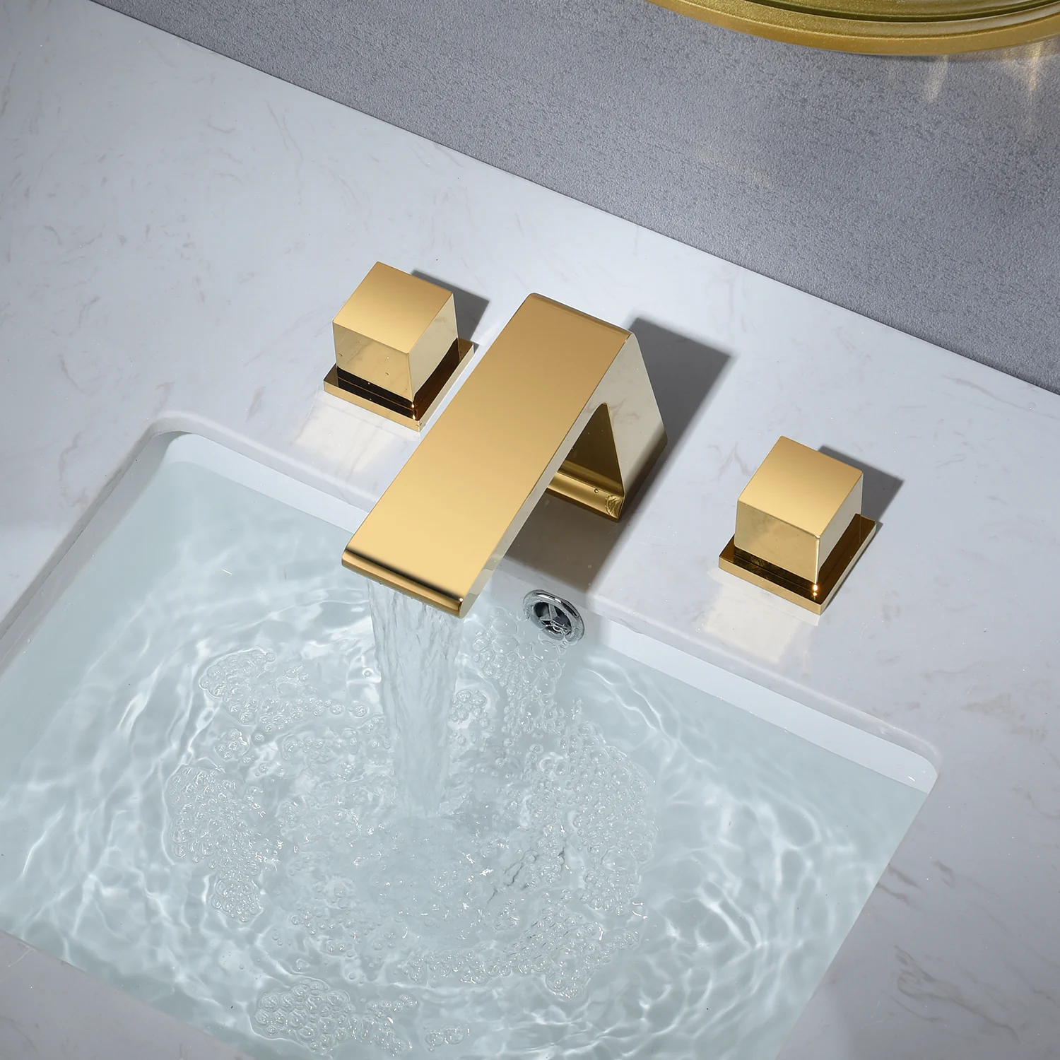 Polished Gold Widespread Bathroom Sink Faucet with 2 Handles and Pop-Up Overflow Brass Drain - Image 3