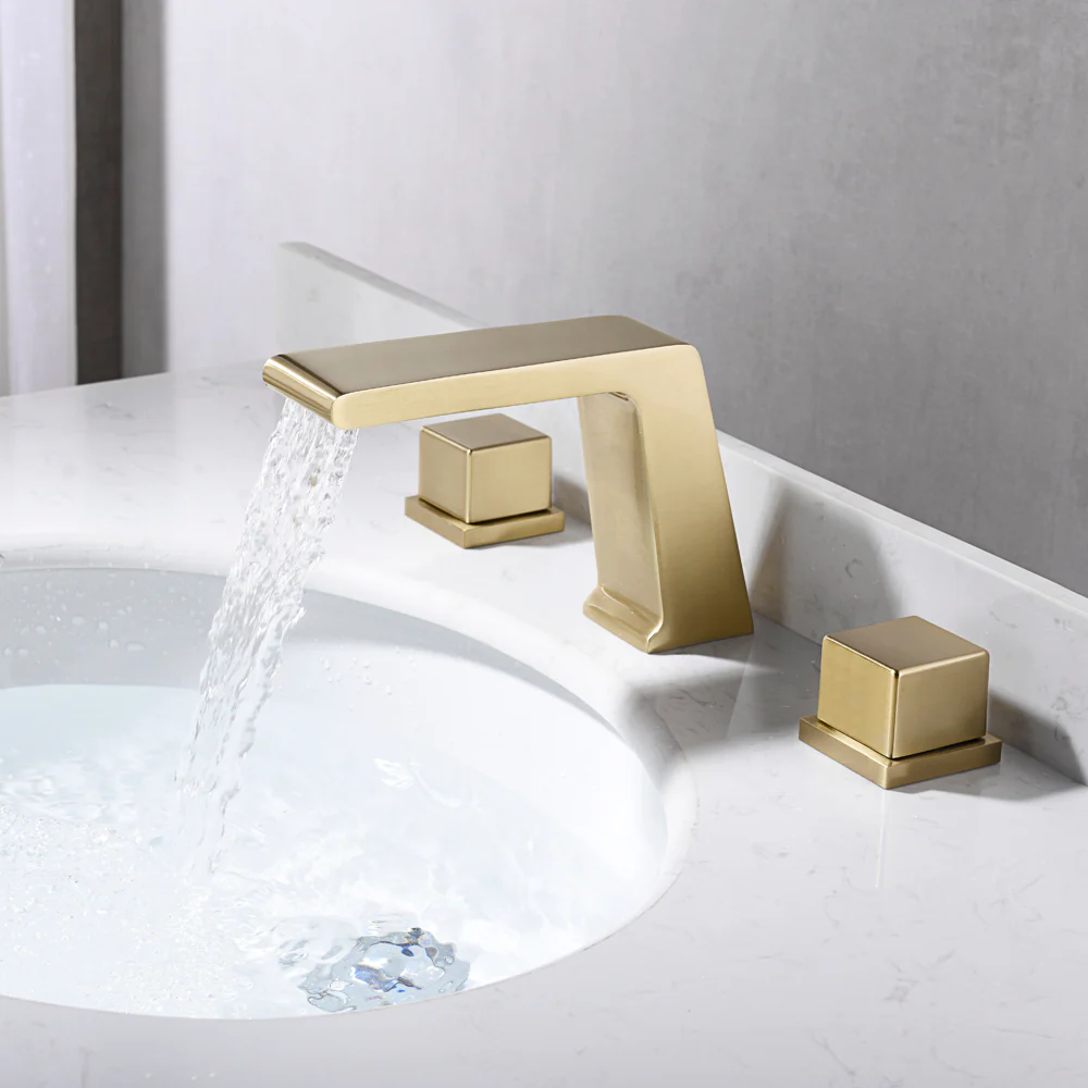 Brushed Gold Waterfall Bathroom Sink Faucet: Two Handles, 3-Hole Design, and Pop-Up Overflow Brass Drain - Image 3