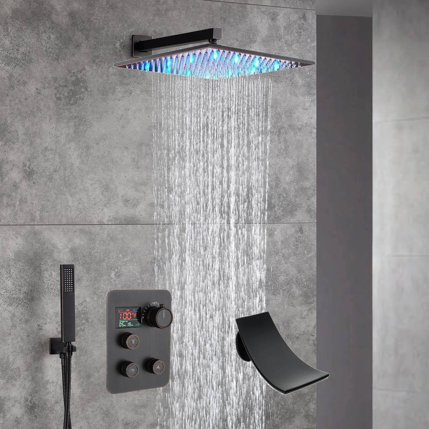 12-Inch Wall Mounted Oil Rubbed Bronze 3-Way Thermostatic Shower Faucet System:LED or Non-LED Options, Simultaneous and Independent Functions with Waterfall Tub Spout - Image 3