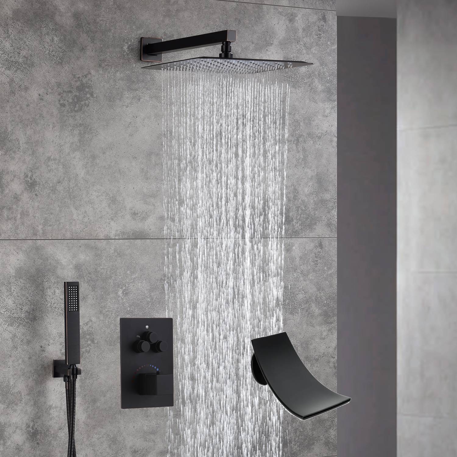 12-Inch Wall Mounted Oil Rubbed Bronze 3-Way Thermostatic Shower Faucet System:LED or Non-LED Options, Simultaneous and Independent Functions with Waterfall Tub Spout - Image 4