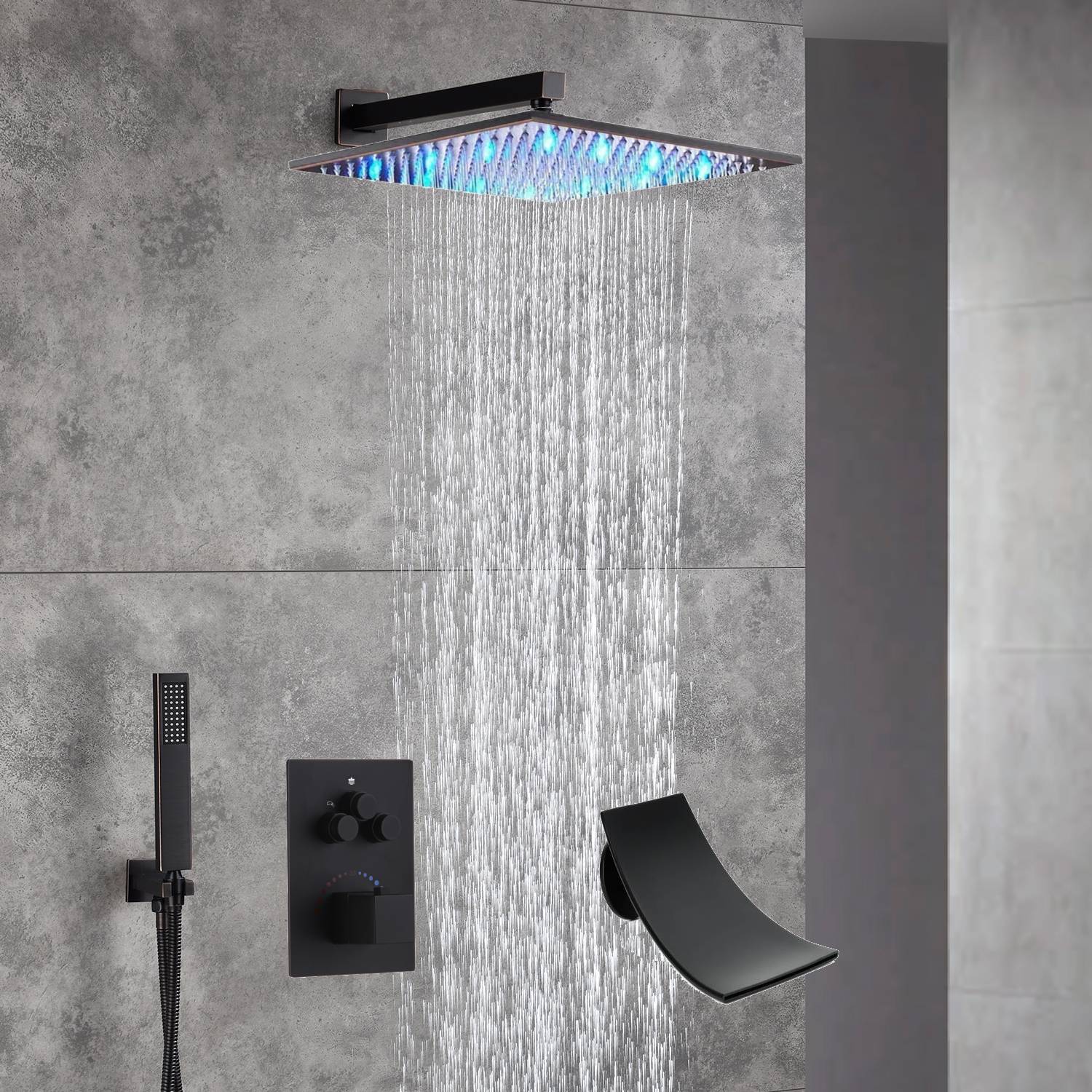 12-Inch Wall Mounted Oil Rubbed Bronze 3-Way Thermostatic Shower Faucet System:LED or Non-LED Options, Simultaneous and Independent Functions with Waterfall Tub Spout - Image 9