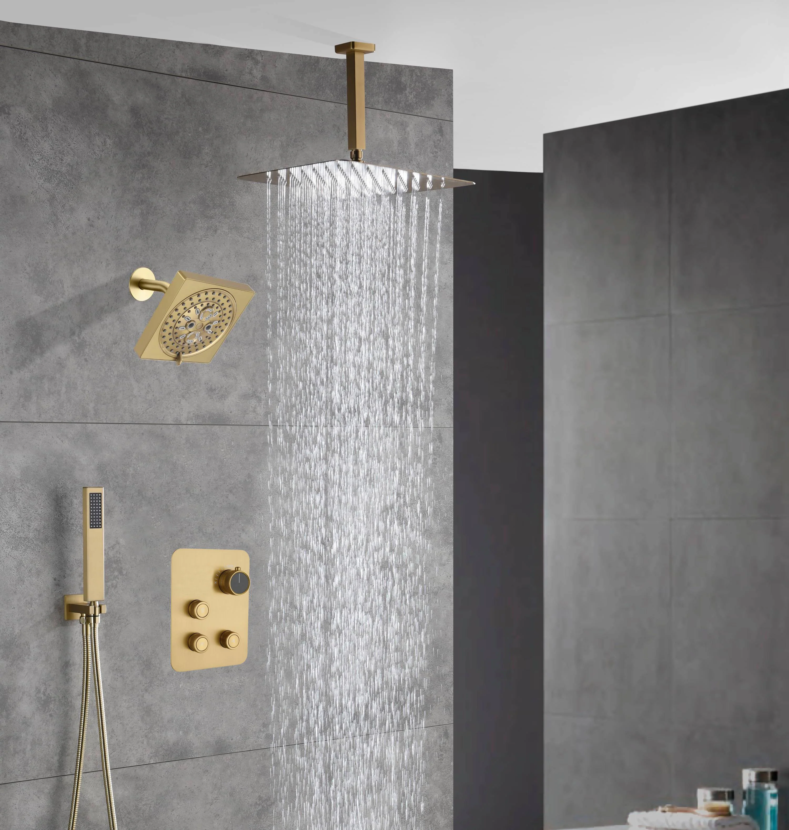 Brushed gold Ceiling mount rainfall shower head 3 way Thermostatic Shower system with 6 inch high water pressure shower head wall mount - Image 3