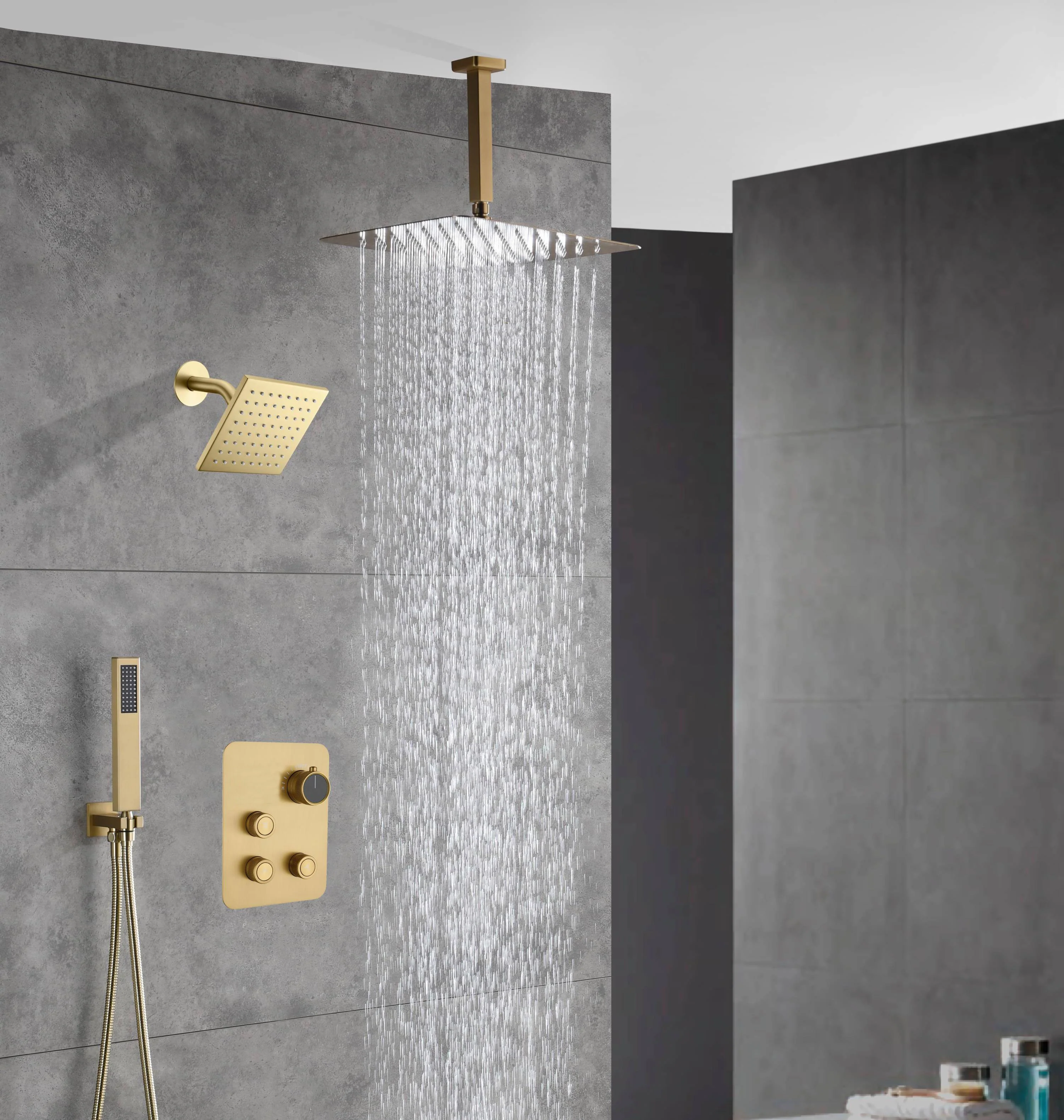 Brushed gold Ceiling mount rainfall shower head 3 way Thermostatic Shower system with 6 inch high water pressure shower head wall mount - Image 4