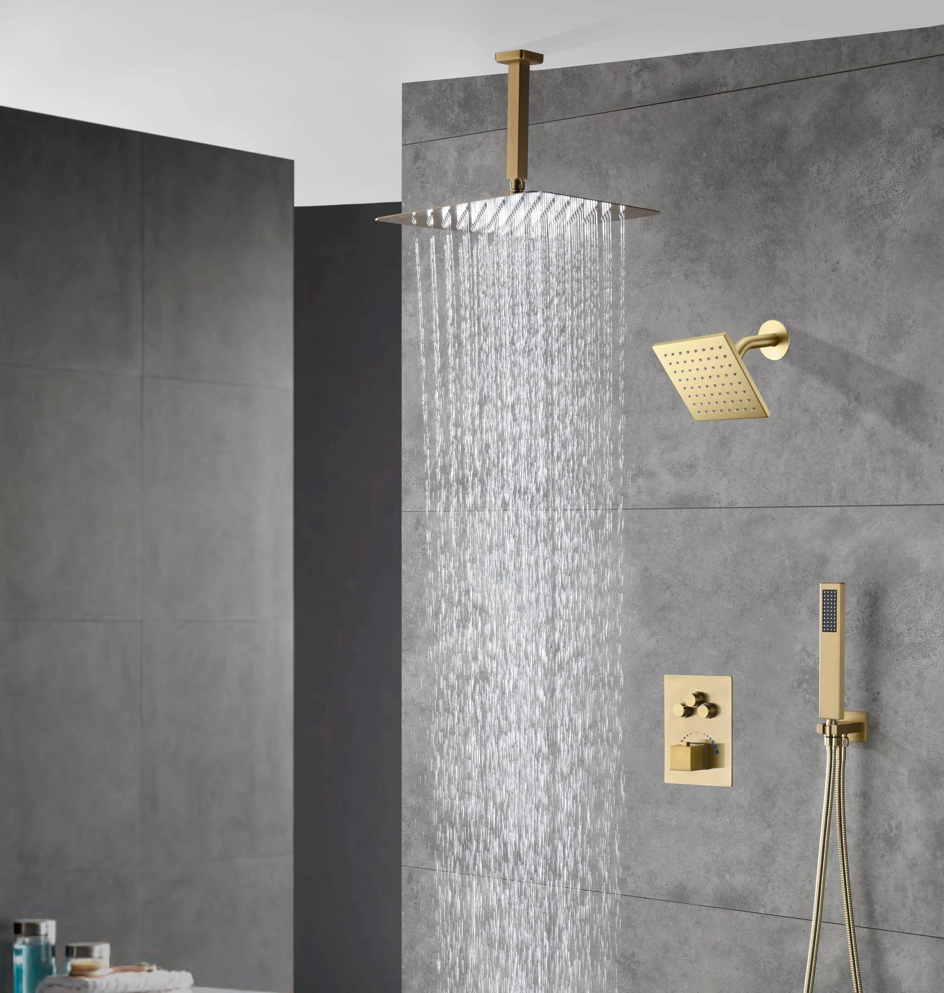Brushed gold Ceiling mount rainfall shower head 3 way Thermostatic Shower system with 6 inch high water pressure shower head wall mount - Image 5