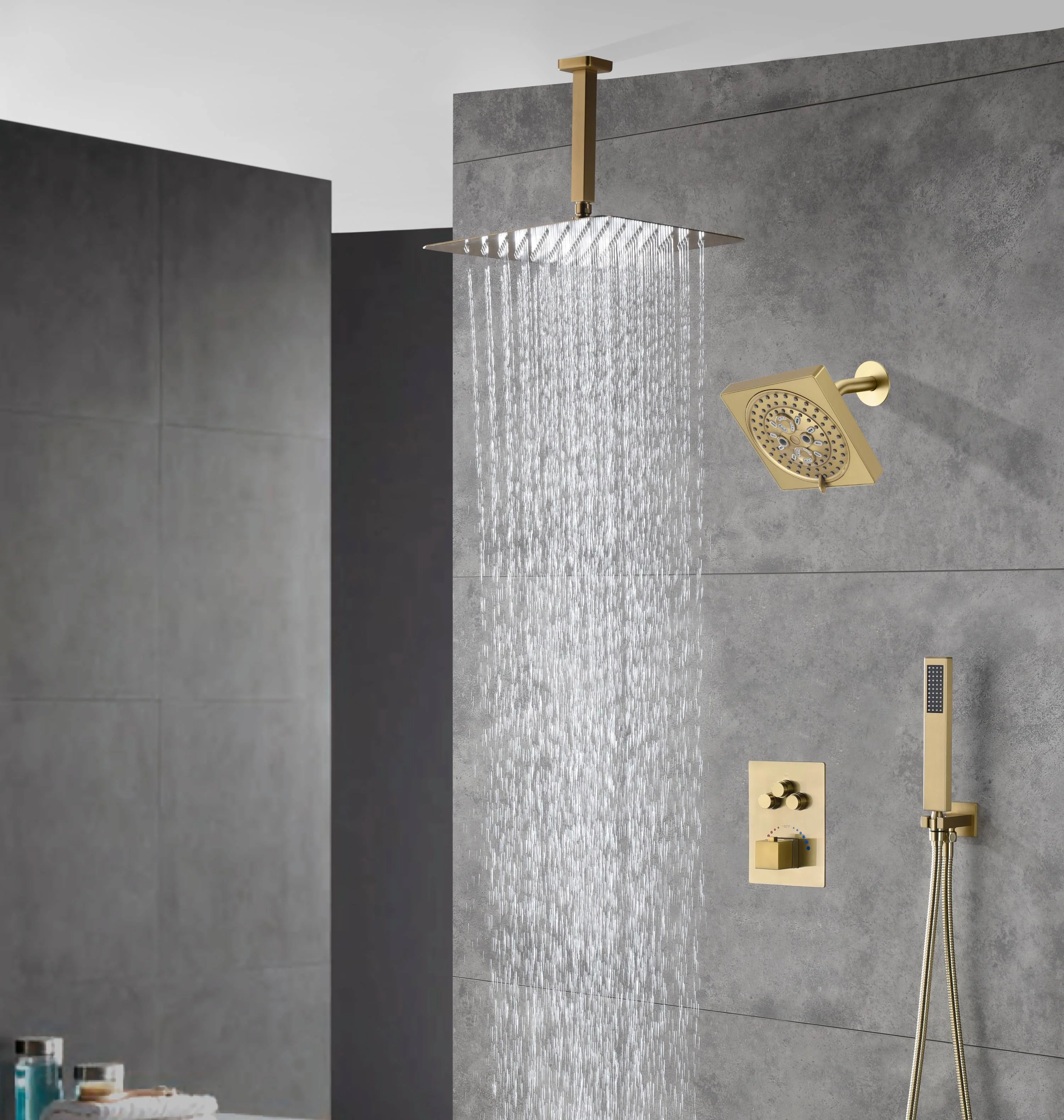 Brushed gold Ceiling mount rainfall shower head 3 way Thermostatic Shower system with 6 inch high water pressure shower head wall mount - Image 6