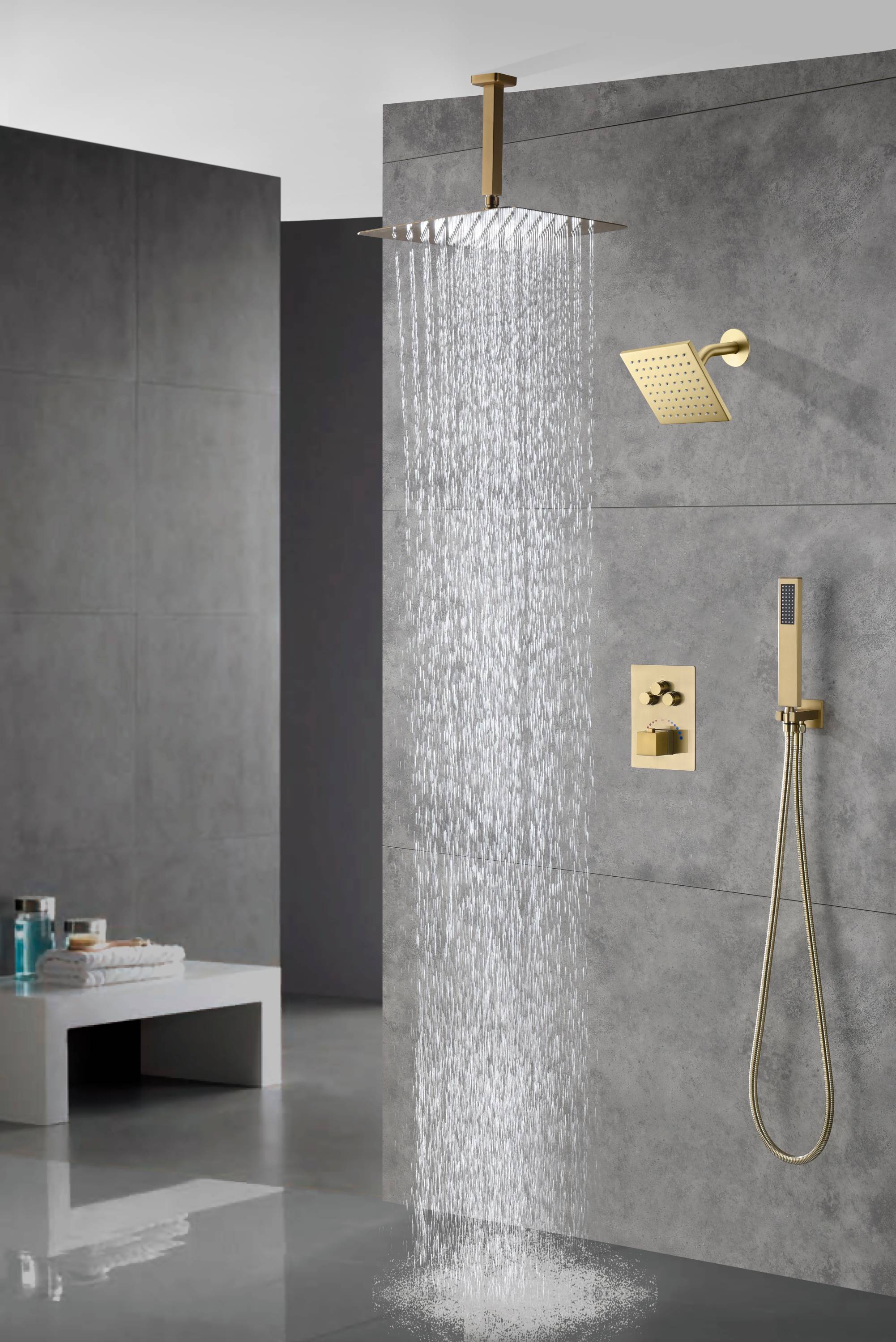 Brushed gold Ceiling mount rainfall shower head 3 way Thermostatic Shower system with 6 inch high water pressure shower head wall mount - Image 7