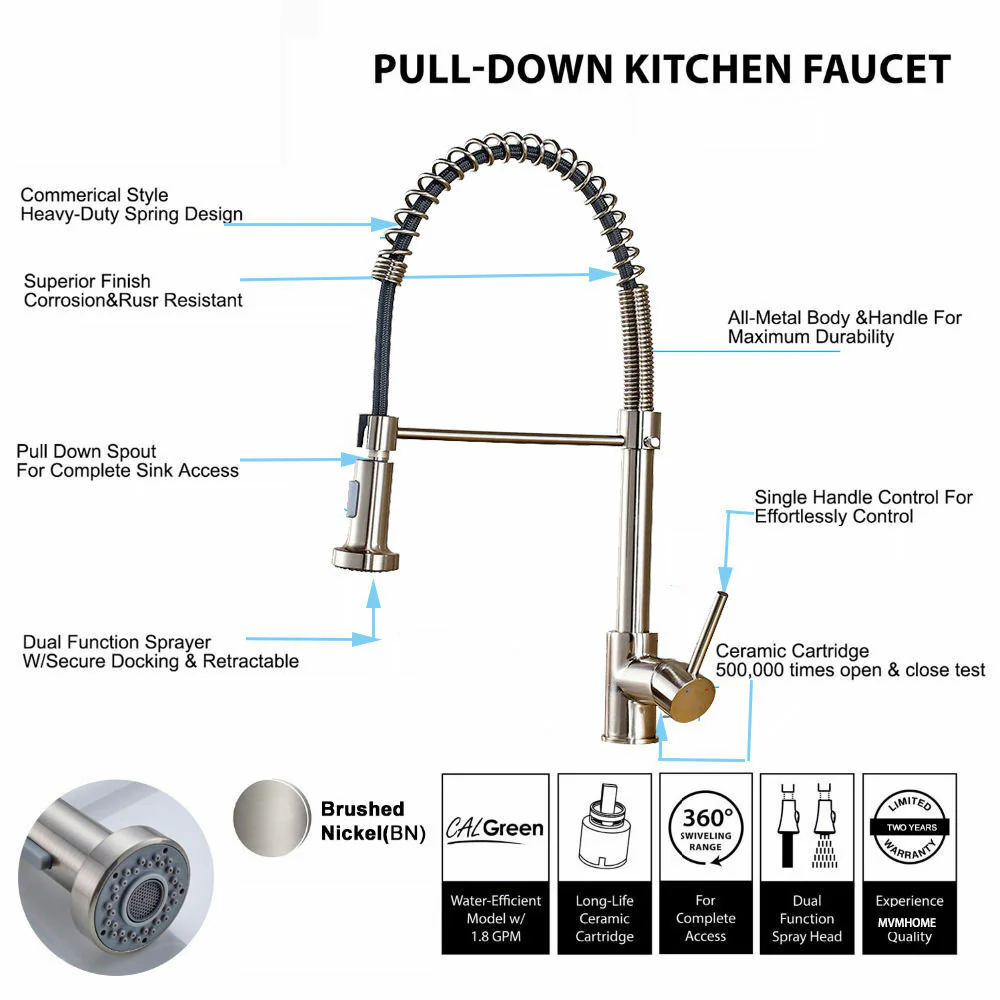 Brushed Nickel Pull Out Spray Spring Kitchen Sink Tap Single Lever Mixer Faucet - Image 4