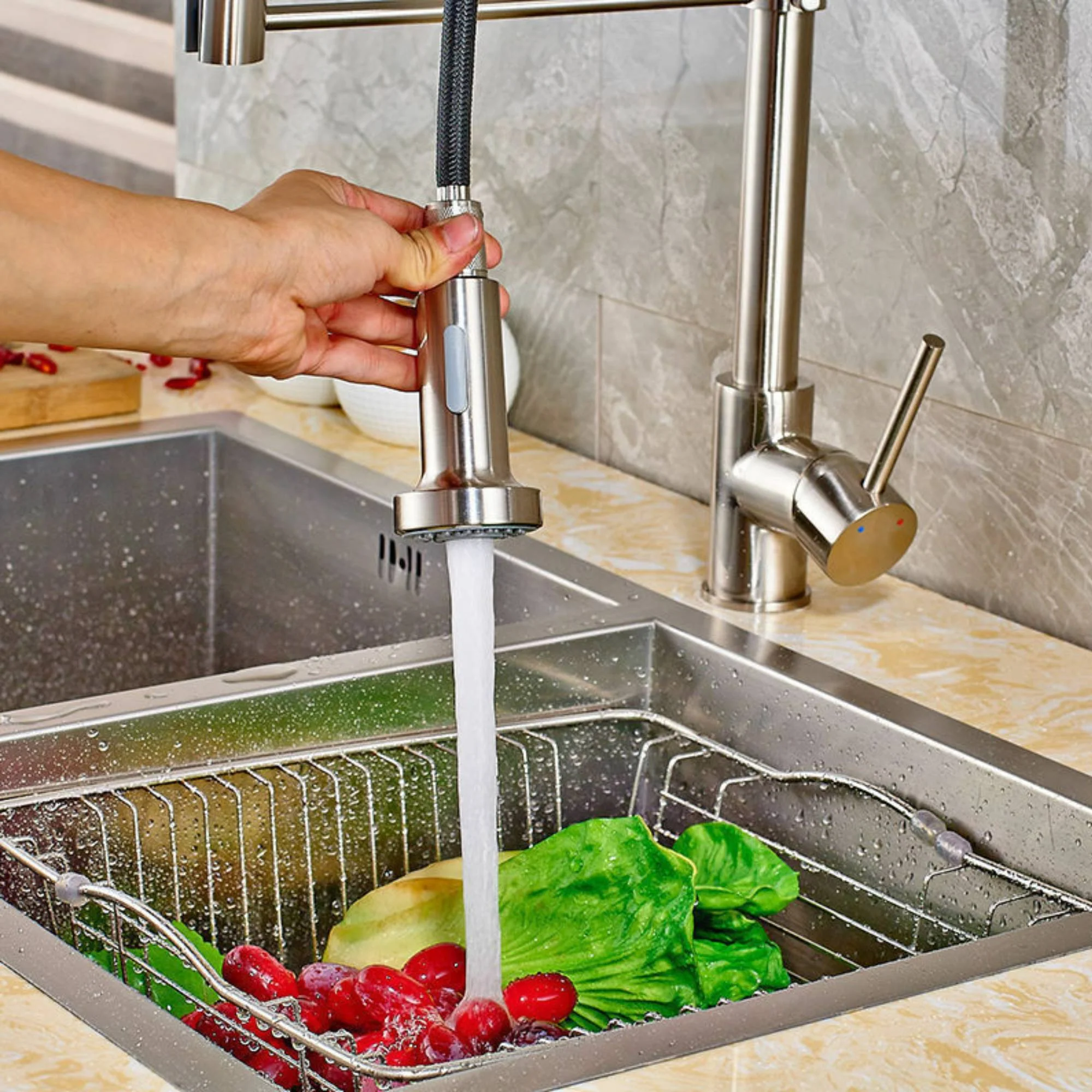 Brushed Nickel Pull Out Spray Spring Kitchen Sink Tap Single Lever Mixer Faucet - Image 6