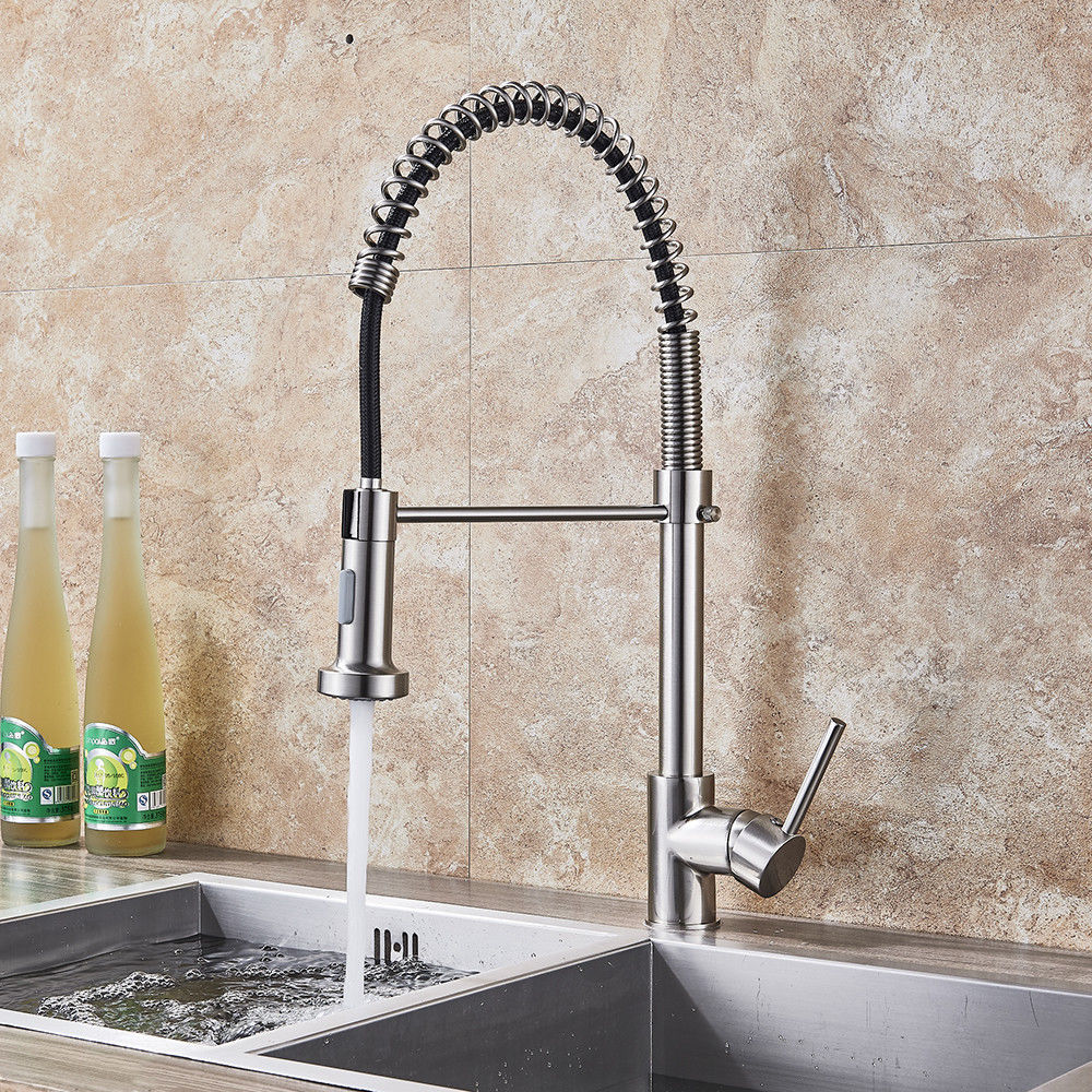 Brushed Nickel Pull Out Spray Spring Kitchen Sink Tap Single Lever Mixer Faucet - Image 7