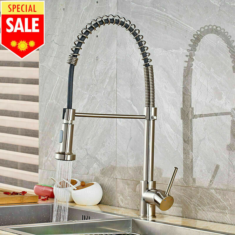 Brushed Nickel Pull Out Spray Spring Kitchen Sink Tap Single Lever Mixer Faucet - Image 9