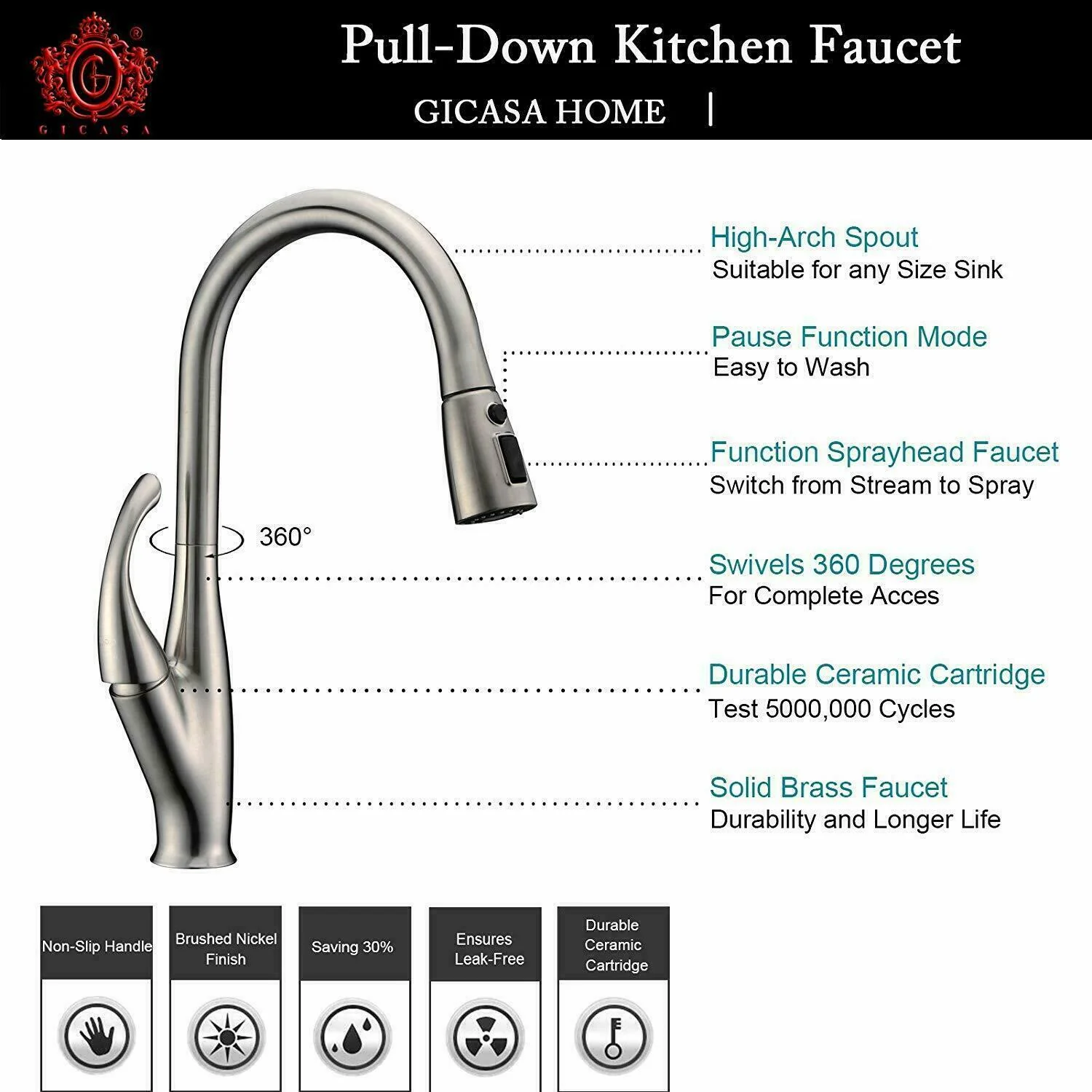 Kitchen Sink Faucet Pull Out Sprayer Brushed Nickel Mixer Tap With Deck Plate - Image 3