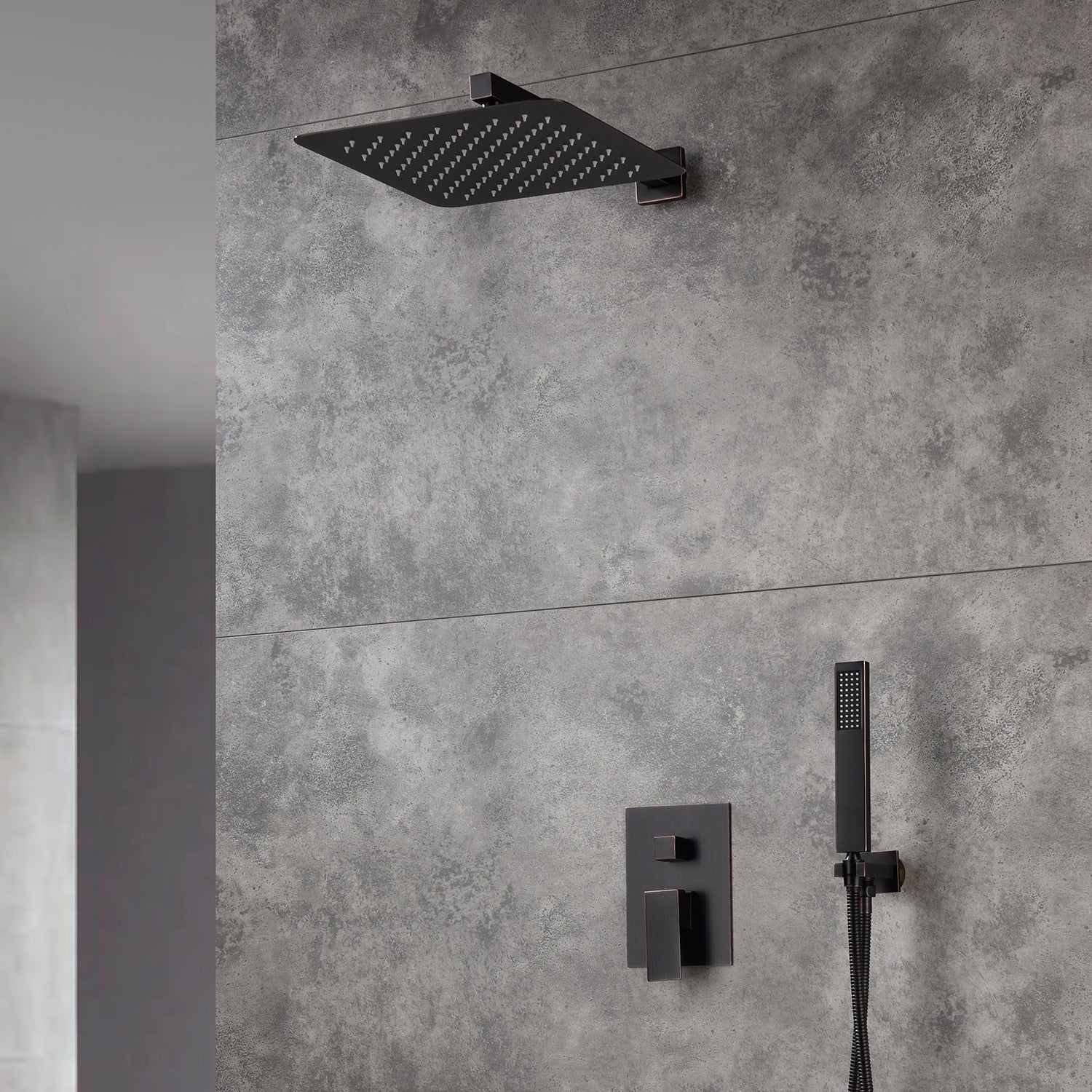 Oil Rubbered Bronze 12-Inch Wall-Mounted Rainfall Shower Faucet System with LED Option, Hand Shower Included - Image 4