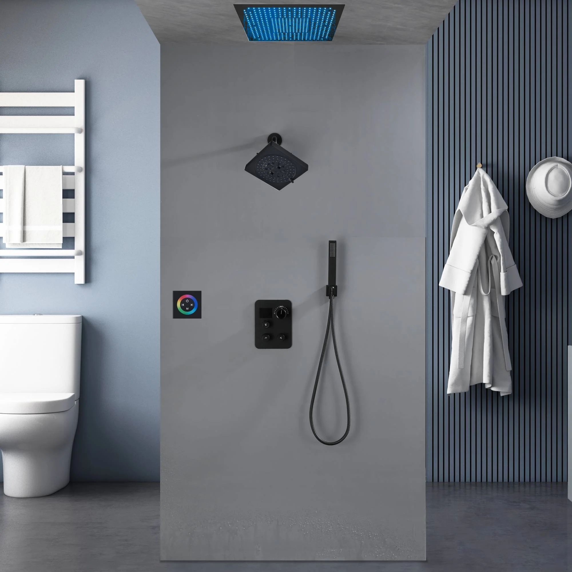 Flush Mount Shower Faucet Set with 3-Way Digital Thermostatic Control, 64-Color LED Lights - Image 2