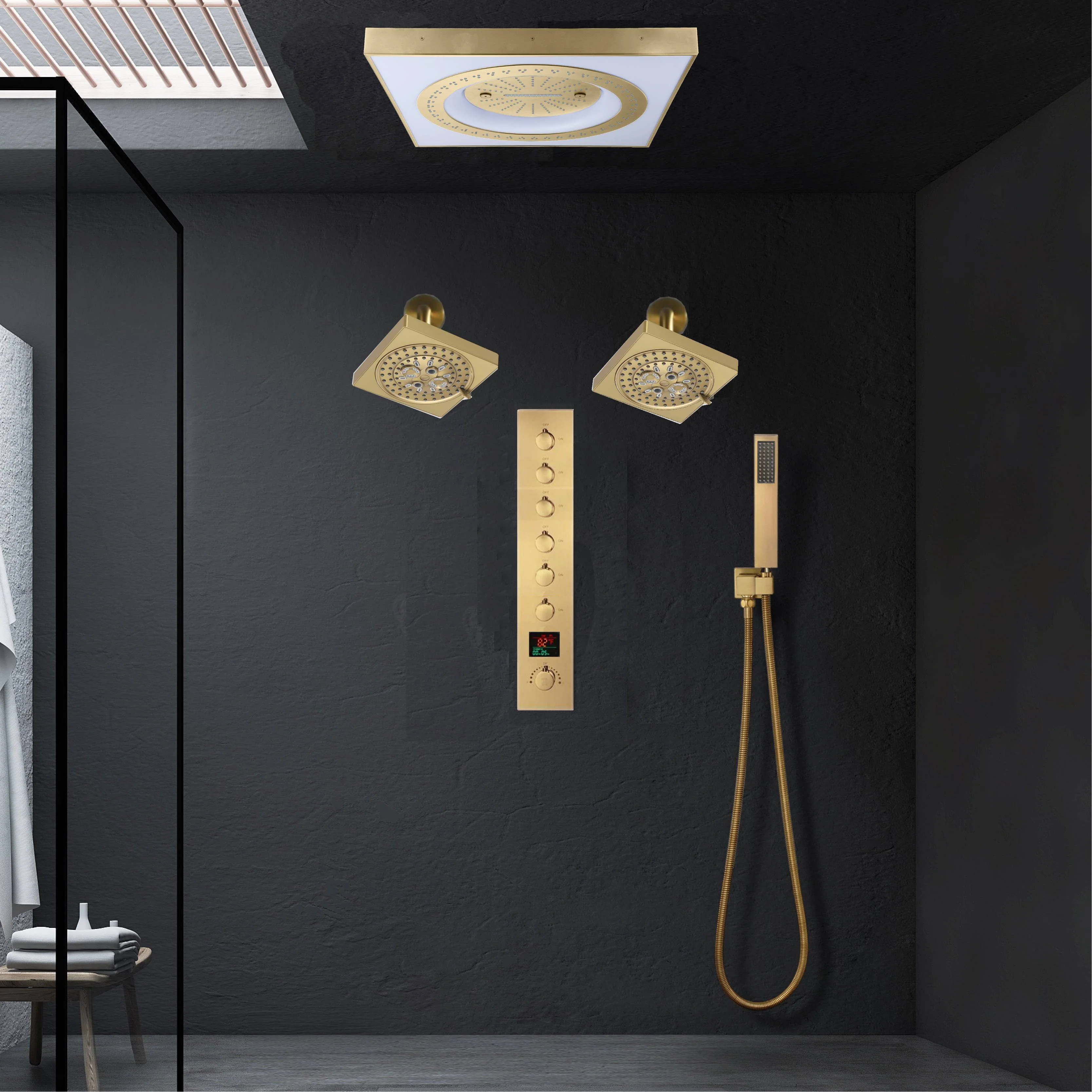 24" Flush Mount Rainfall Waterfall 6-Way Digital  Shower System with LED, Dual Regular Heads - Image 20