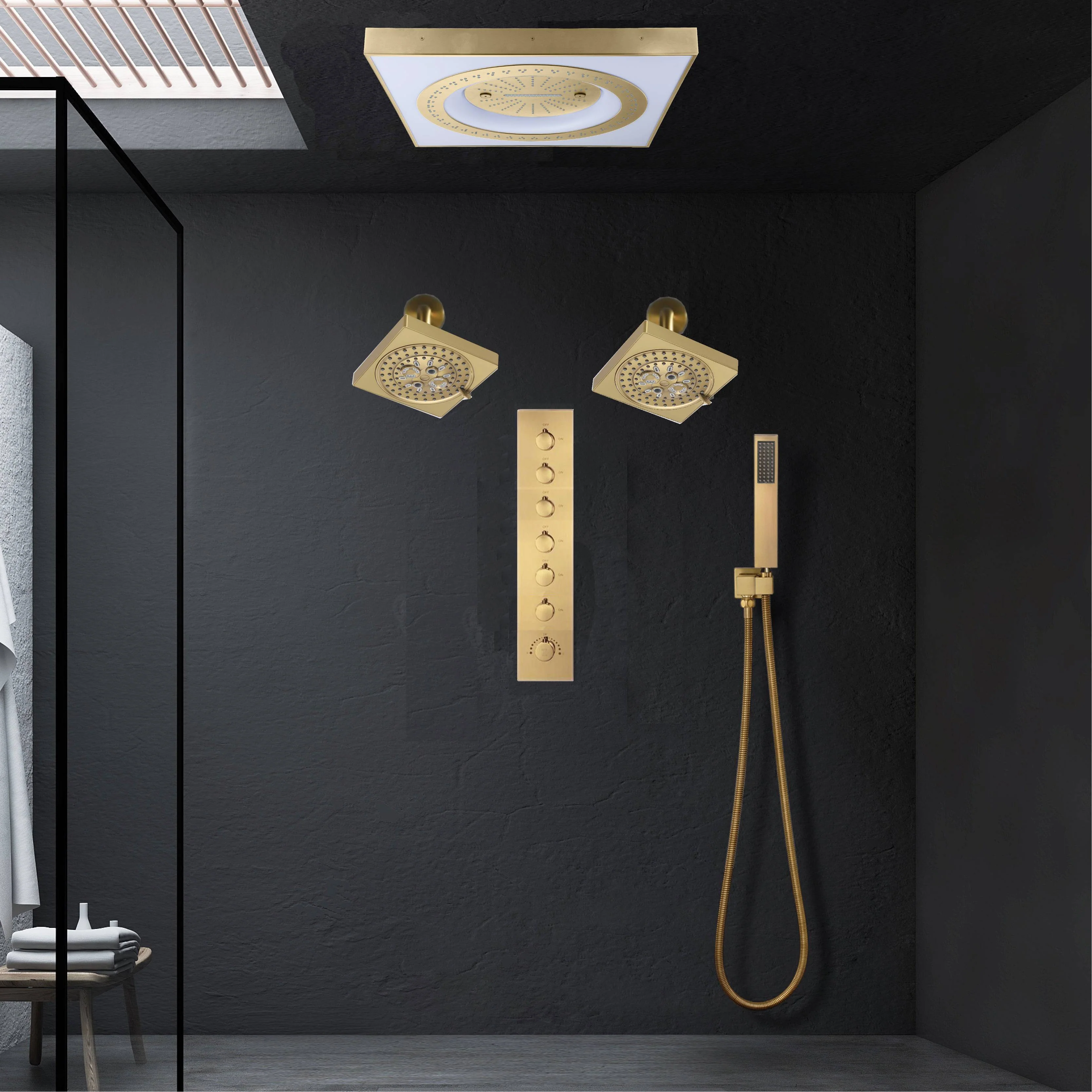 24" Flush Mount Rainfall Waterfall 6-Way Digital  Shower System with LED, Dual Regular Heads - Image 22
