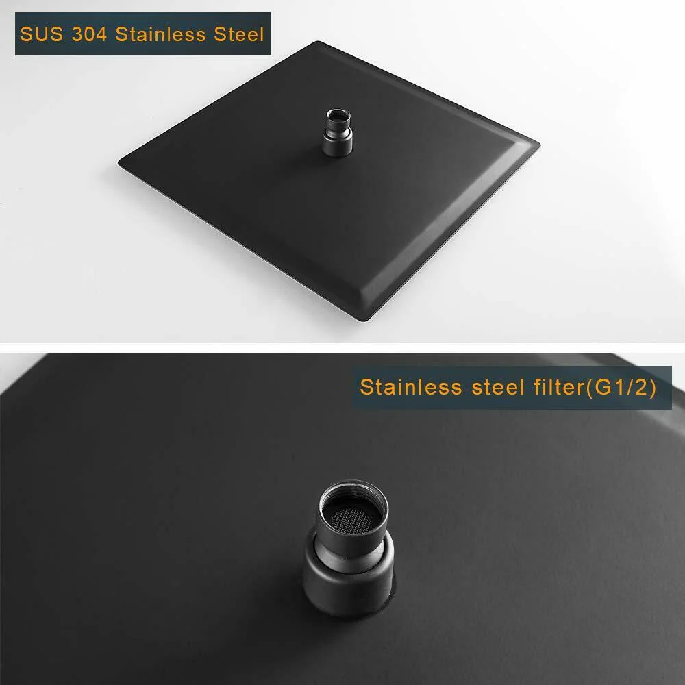 Matte Black 12'' Square Rain Shower Head with Stainless Steel Construction and Ceiling Arm - Image 3