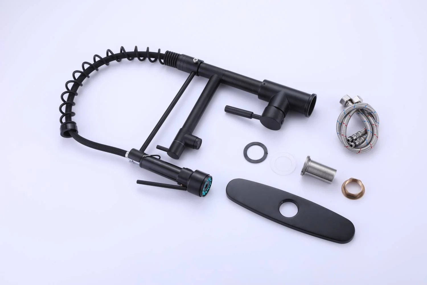 Matte Black High Arc brass Kitchen Sink Faucet Pull Down metal Spray with deck plate and lock ring - Image 10