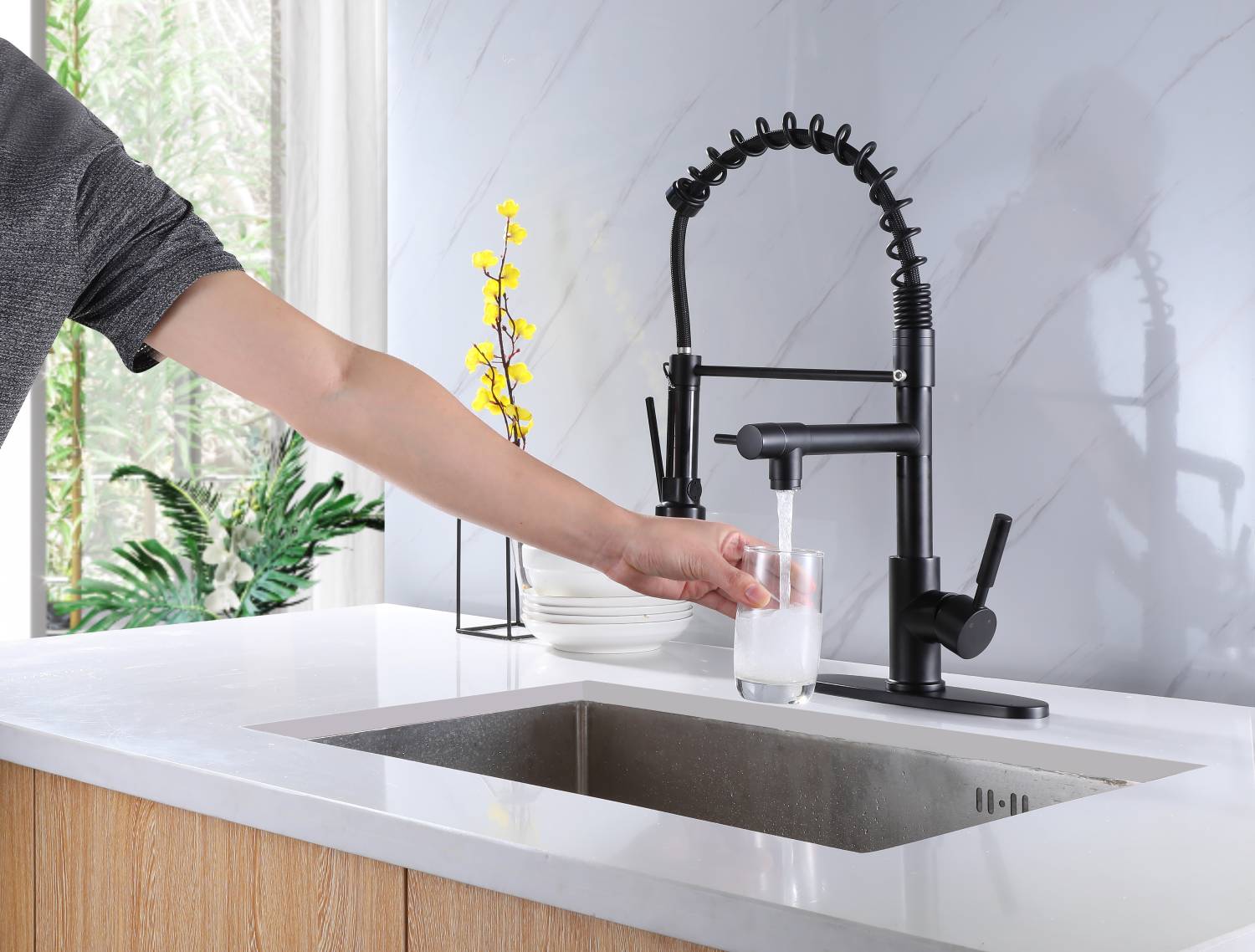 Matte Black High Arc brass Kitchen Sink Faucet Pull Down metal Spray with deck plate and lock ring - Image 6