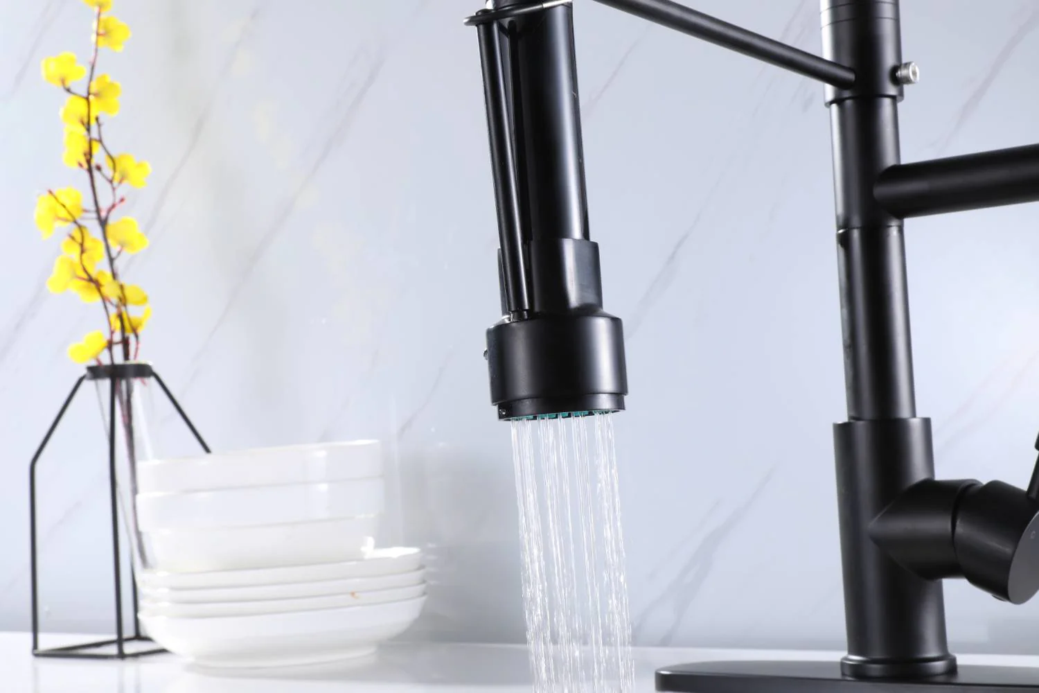 Matte Black High Arc brass Kitchen Sink Faucet Pull Down metal Spray with deck plate and lock ring - Image 7