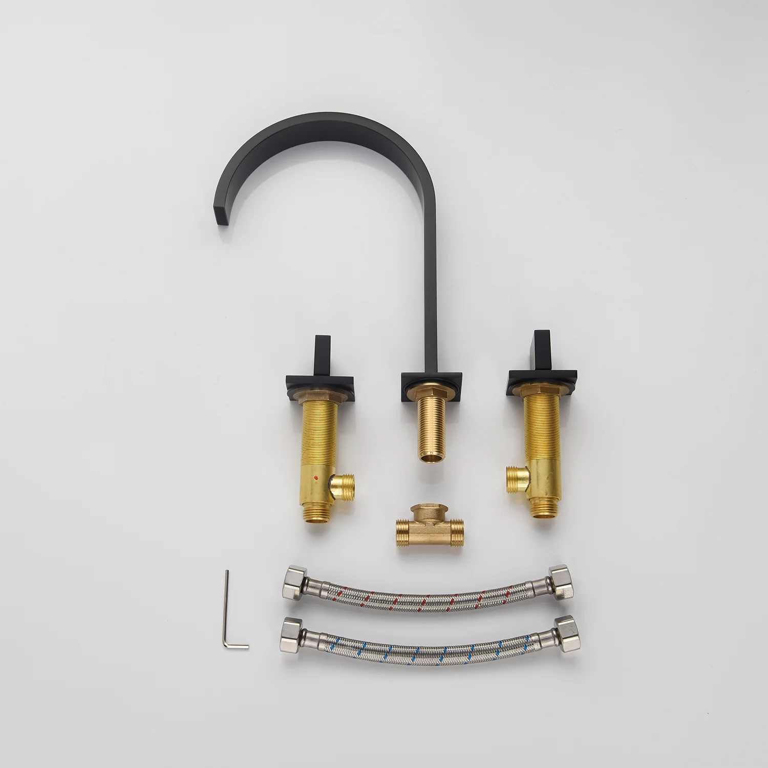 Matte Black Waterfall Widespread Bathroom Basin Faucet with Two Handles and Overflow Brass Pop-Up Drain - Image 4
