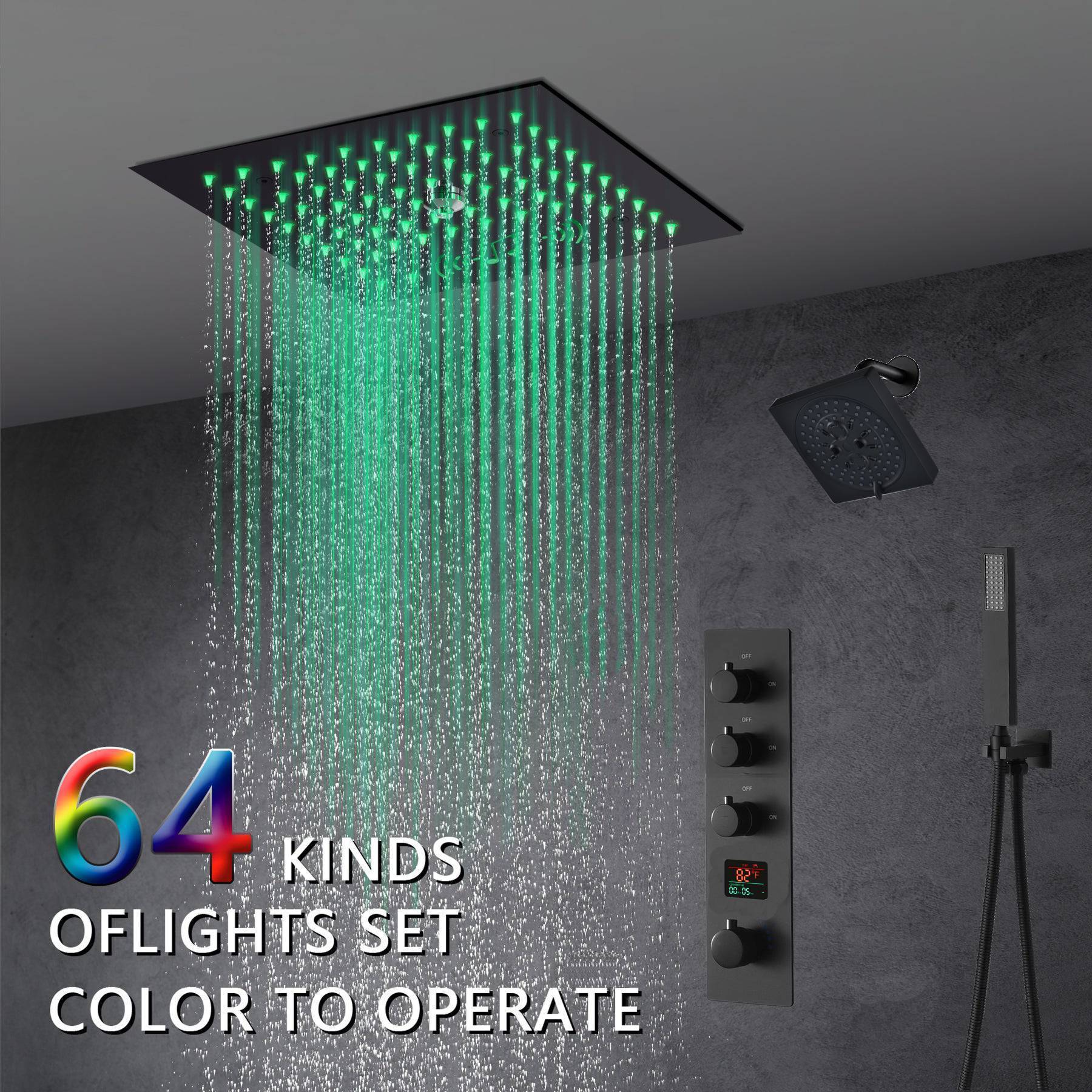 Matte Black 12" Flush-Mount Shower Faucet Set with LED Lights, Bluetooth Music, Regular Head - Image 2