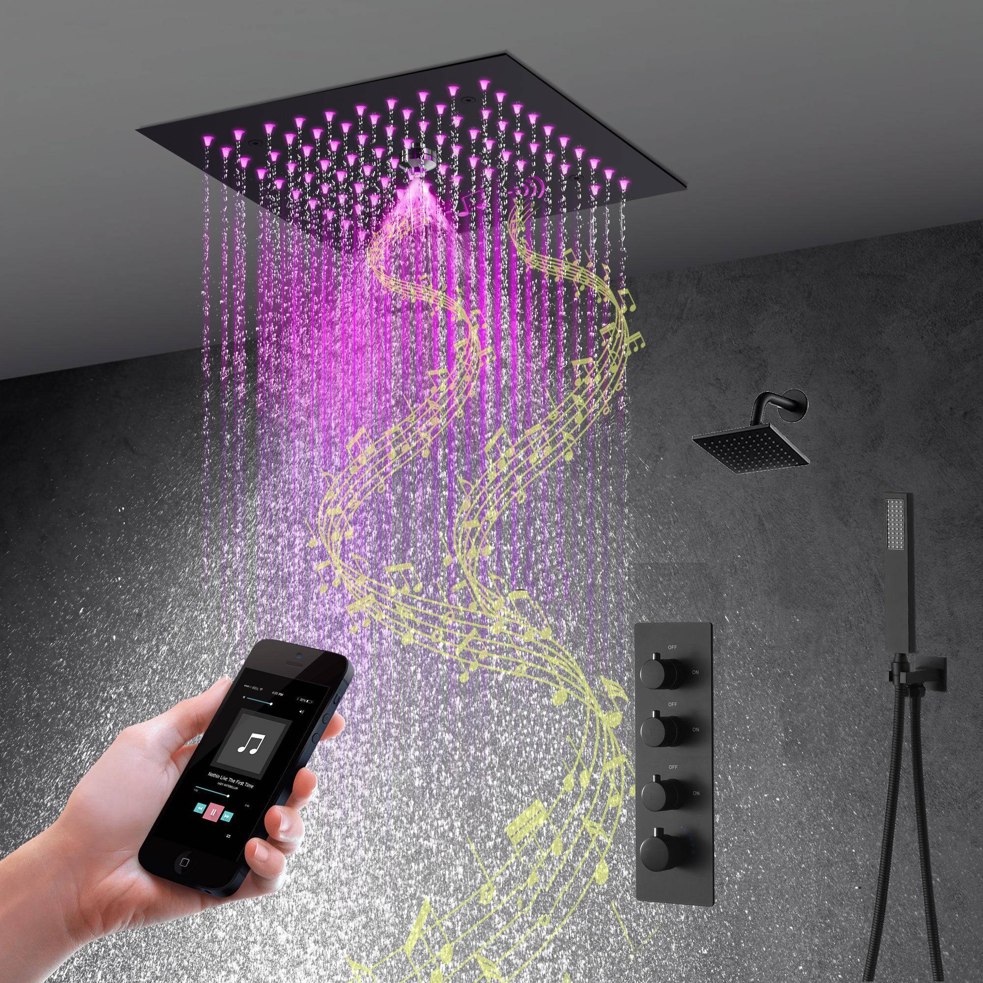 Matte Black 12" Flush-Mount Shower Faucet Set with LED Lights, Bluetooth Music, Regular Head - Image 3