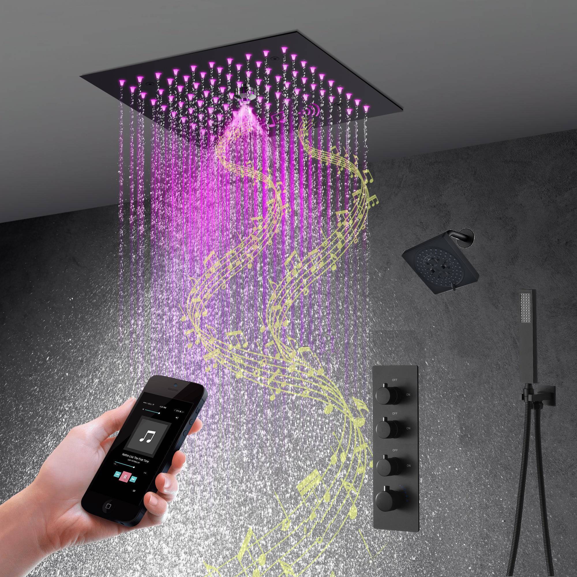 Matte Black 12" Flush-Mount Shower Faucet Set with LED Lights, Bluetooth Music, Regular Head - Image 4