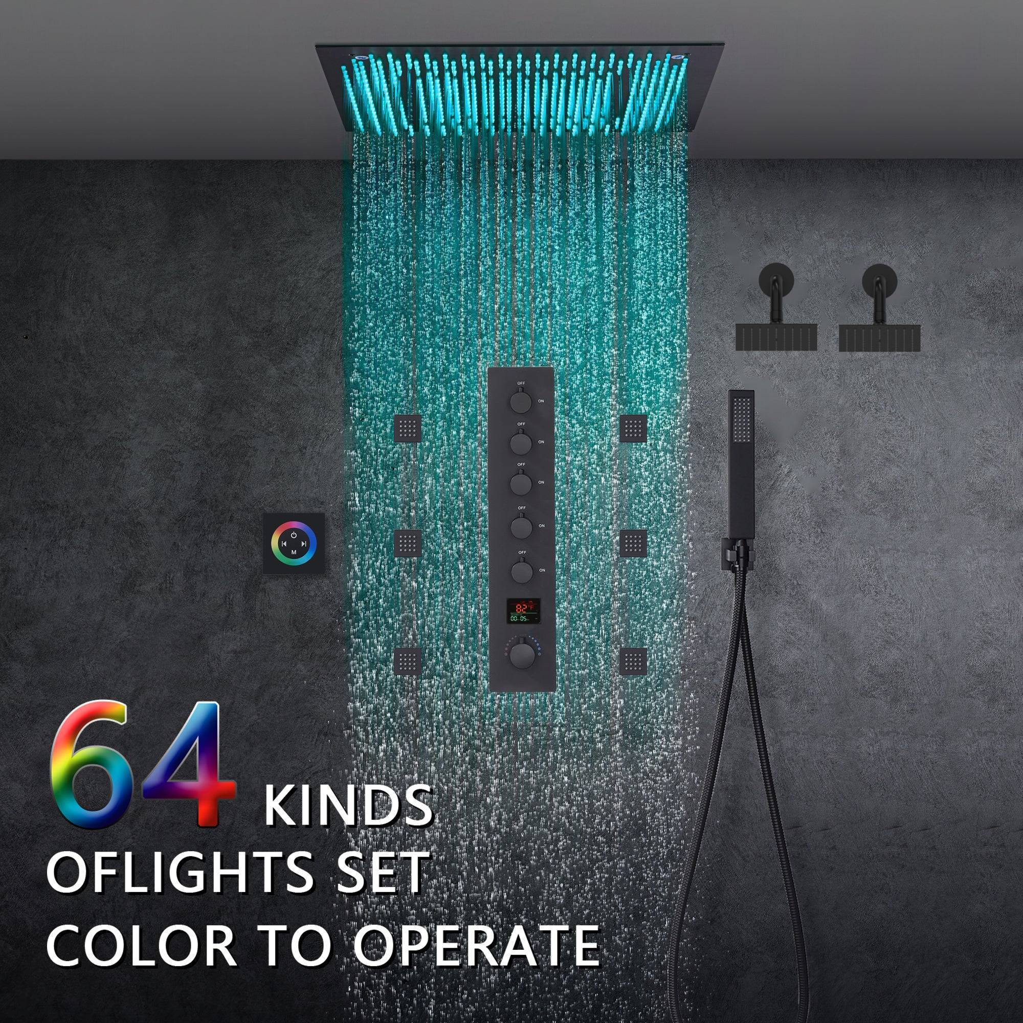 Matte Black 20" Rainfall Shower System with LED, 5-Way Thermostatic Valve, Dual Heads, 6 Jets - Image 2