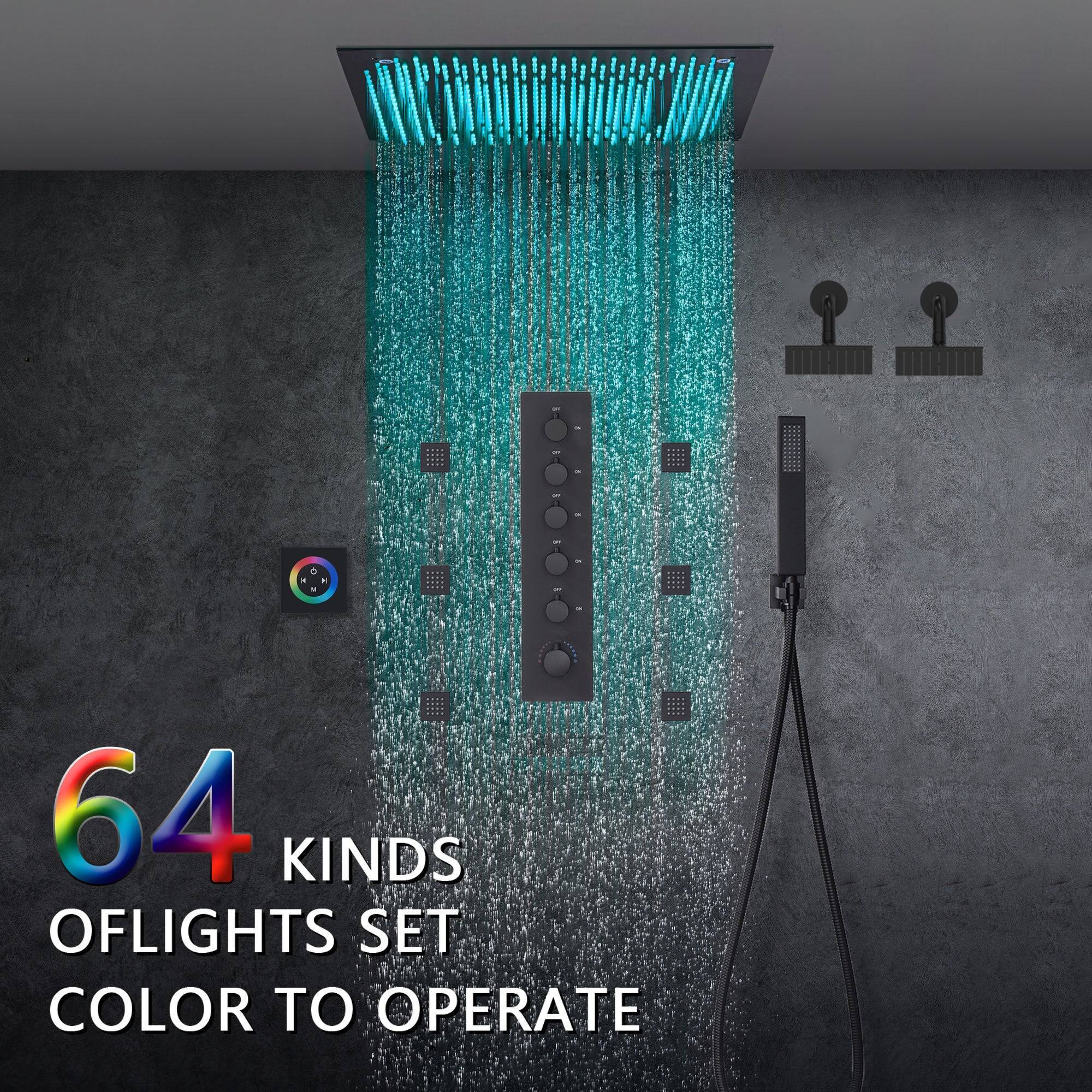 Matte Black 20" Rainfall Shower System with LED, 5-Way Thermostatic Valve, Dual Heads, 6 Jets - Image 3