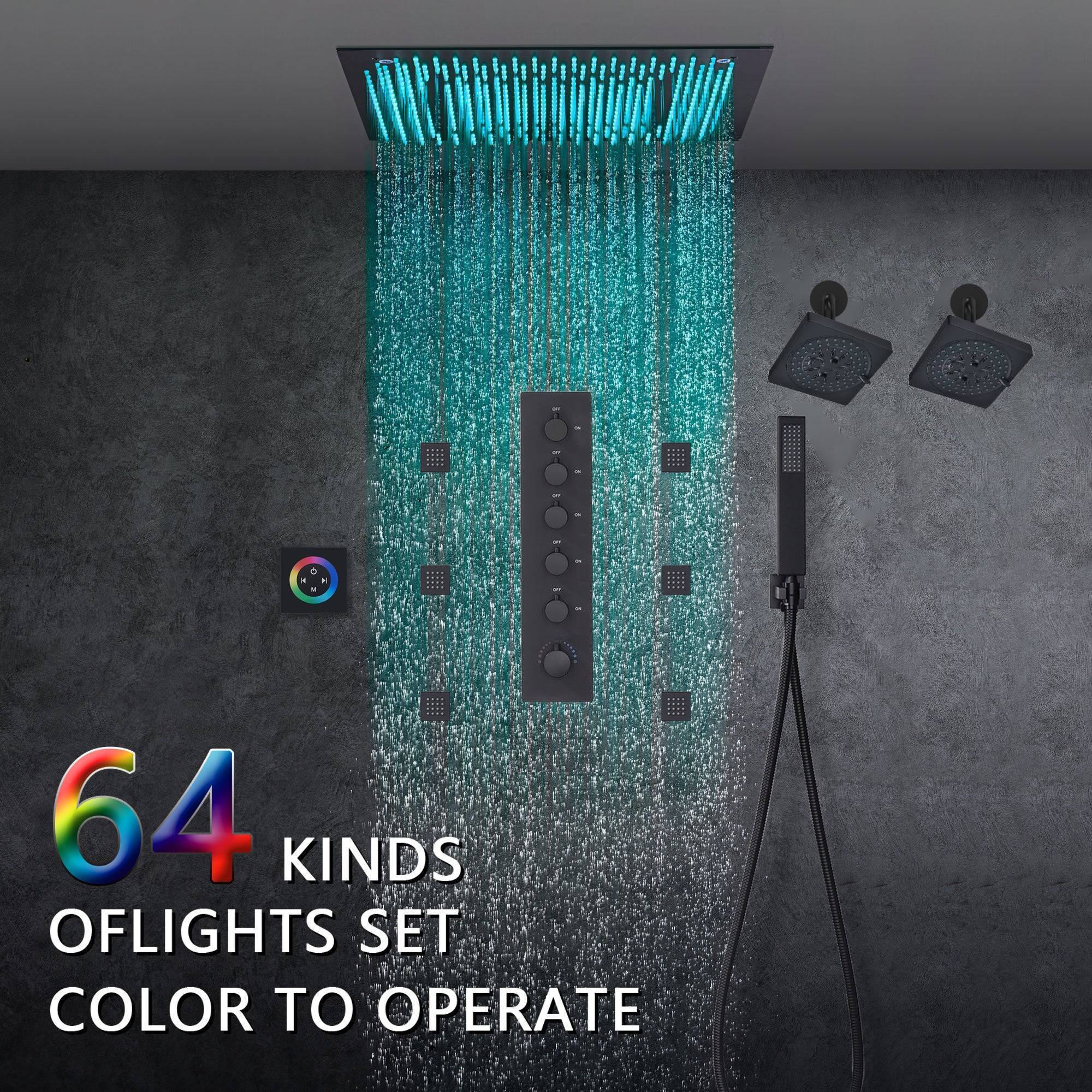 Matte Black 20" Rainfall Shower System with LED, 5-Way Thermostatic Valve, Dual Heads, 6 Jets - Image 4