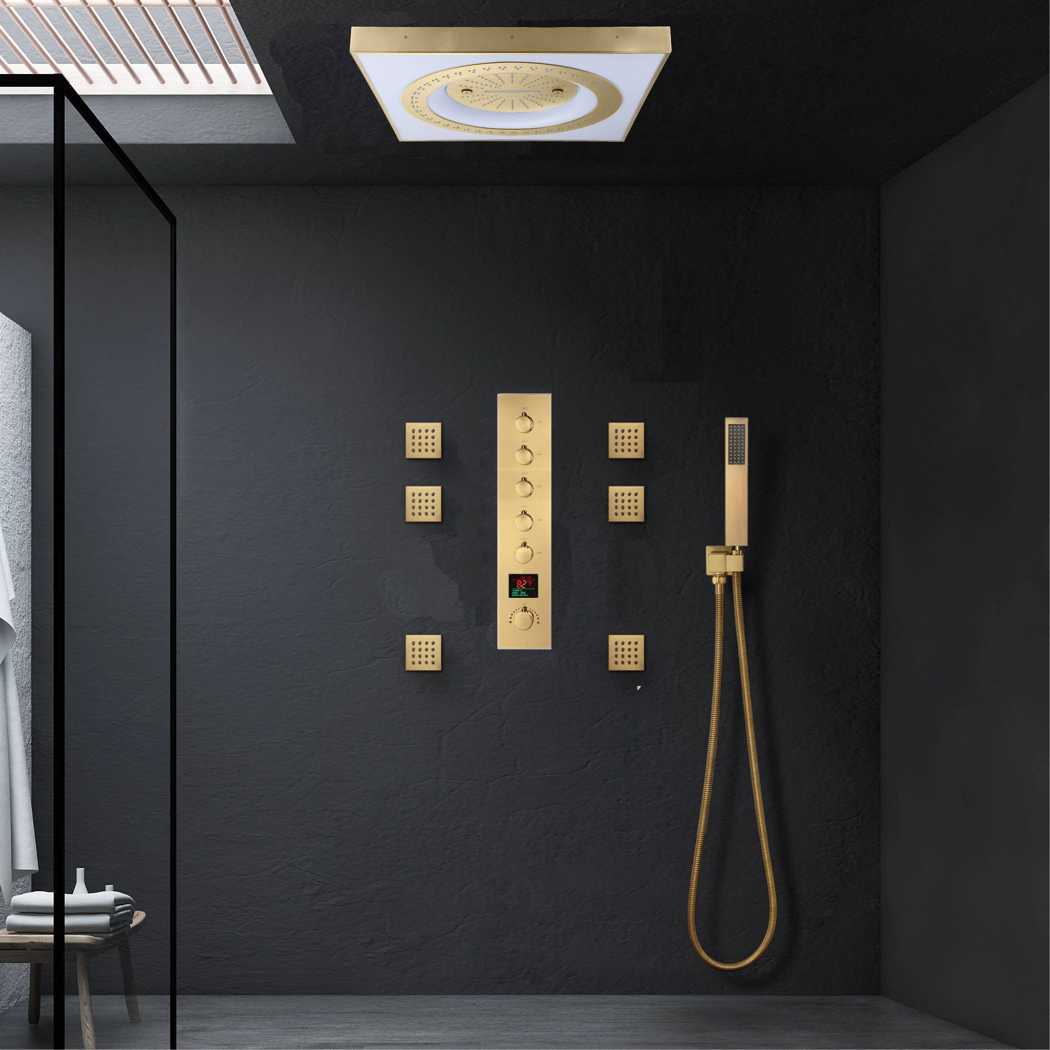 24" Flush Mount Rainfall Waterfall Shower System with LED, 5-Way Thermostatic Faucet, 6 Body Jets - Image 19