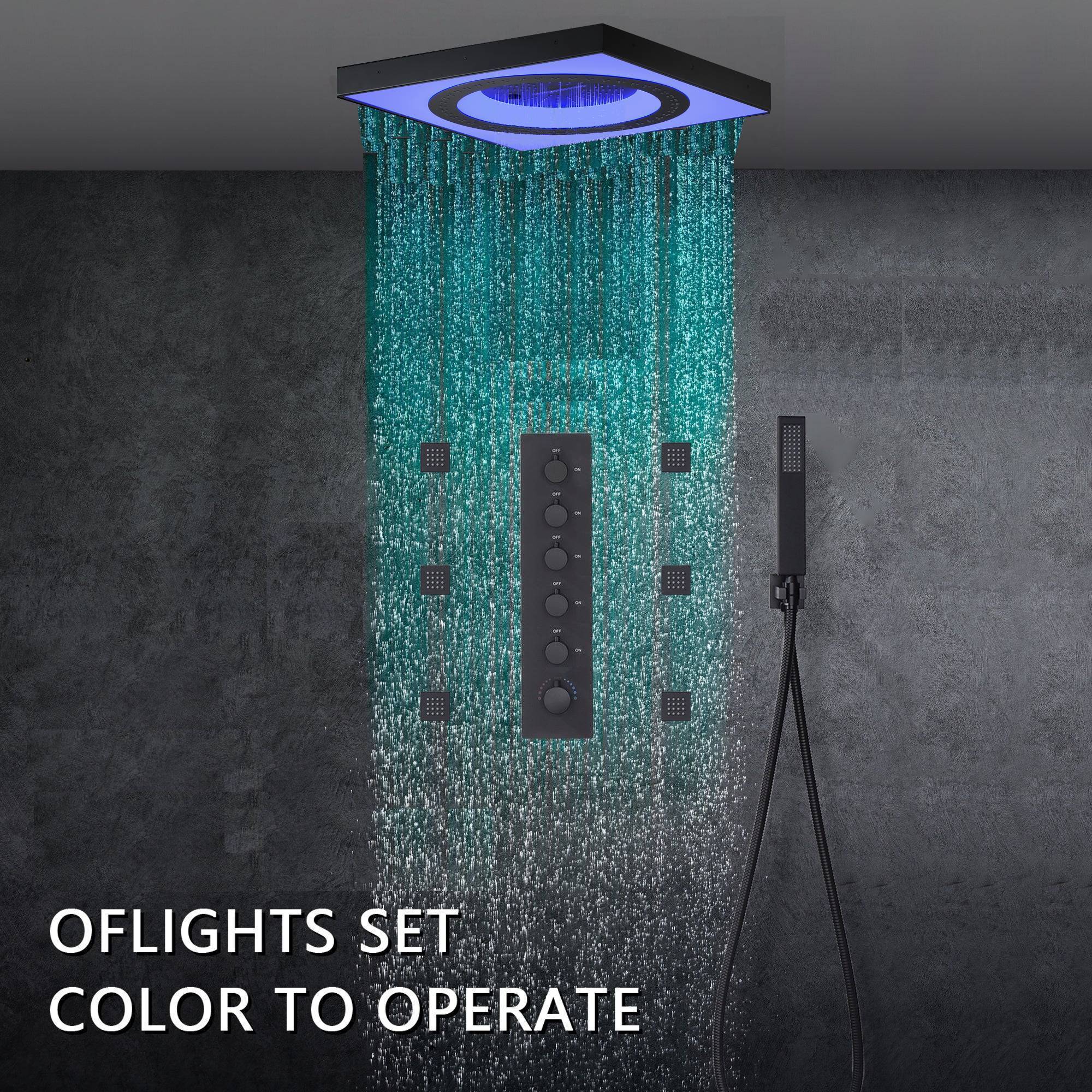 24" Flush Mount Rainfall Waterfall Shower System with LED, 5-Way Thermostatic Faucet, 6 Body Jets - Image 2