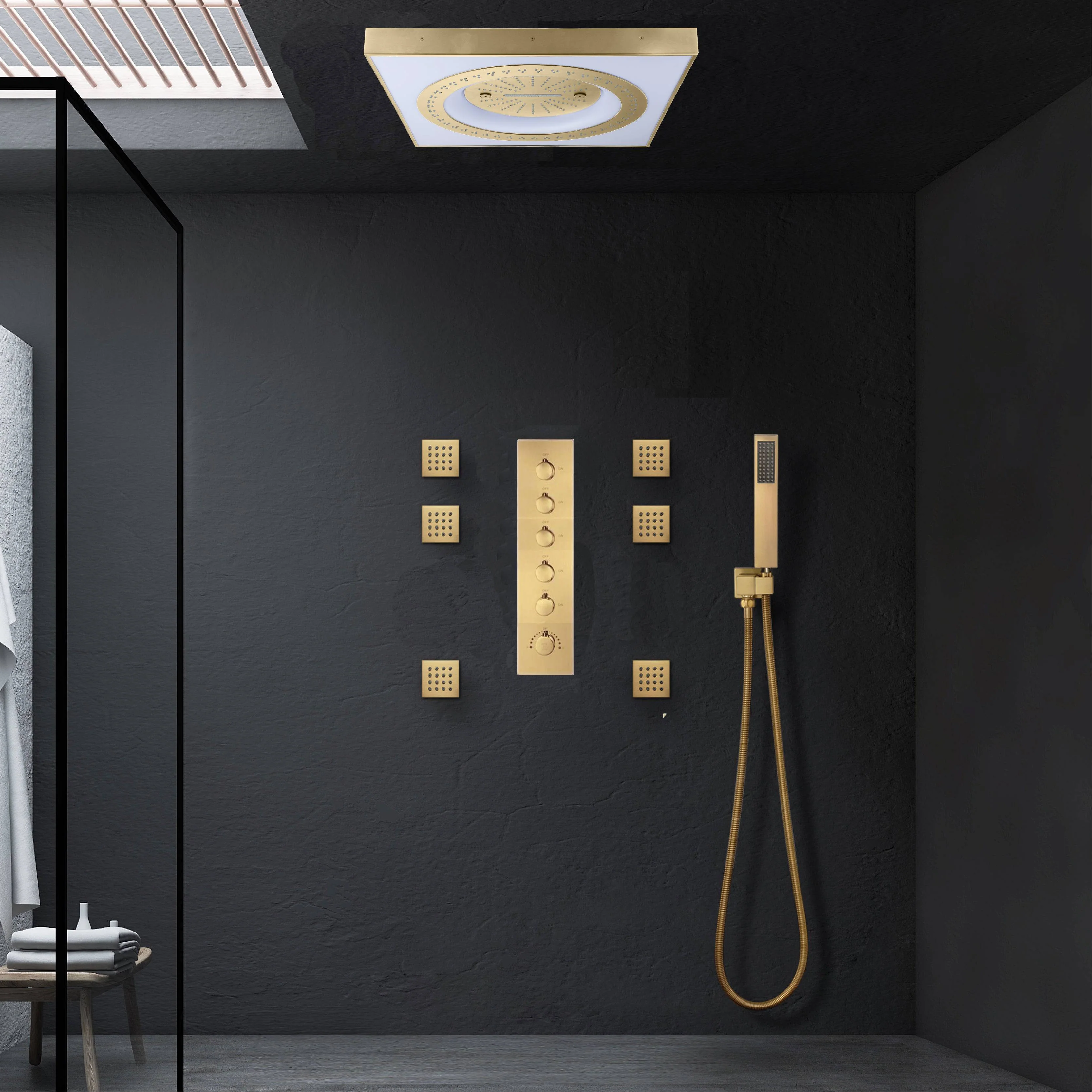 24" Flush Mount Rainfall Waterfall Shower System with LED, 5-Way Thermostatic Faucet, 6 Body Jets - Image 20