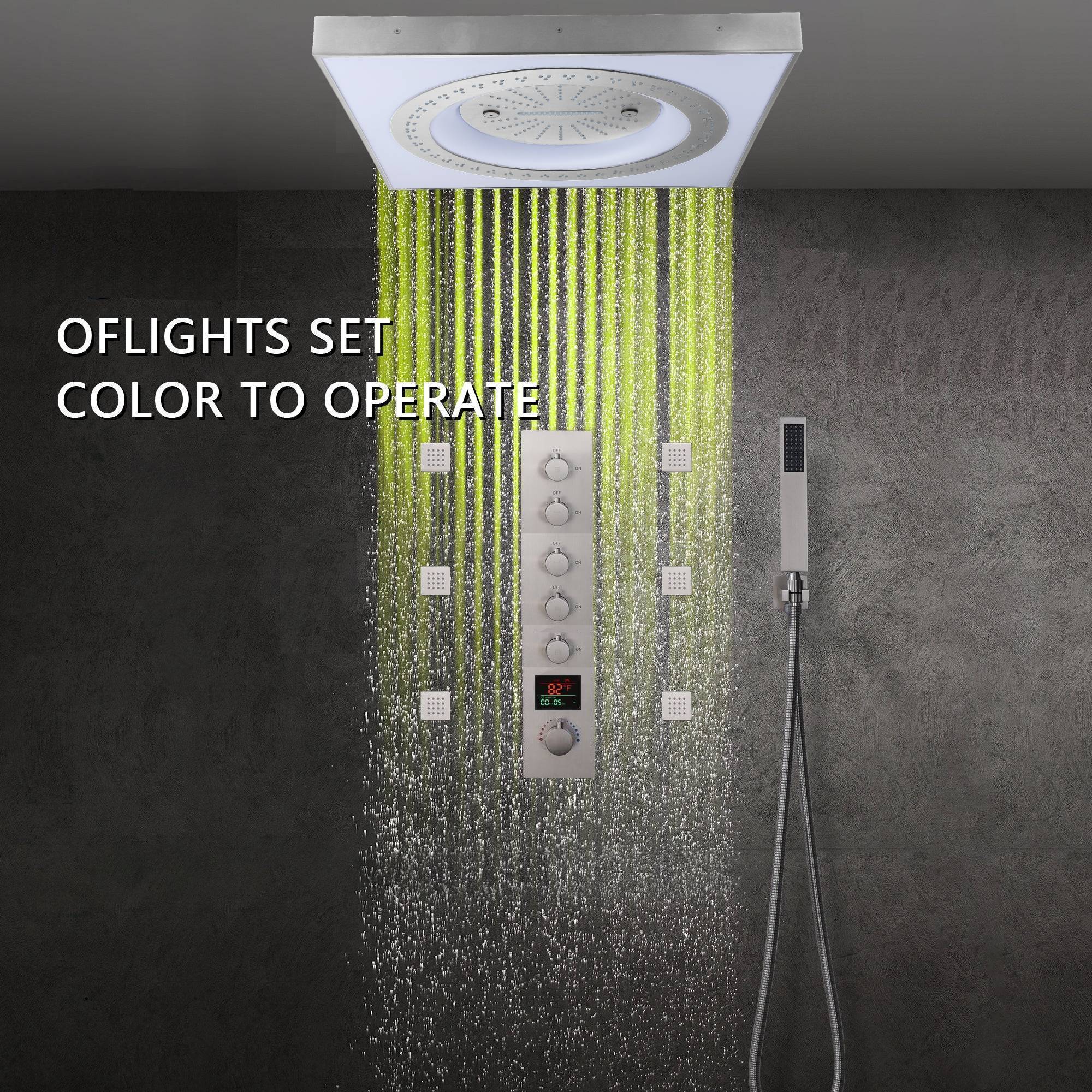 24" Flush Mount Rainfall Waterfall Shower System with LED, 5-Way Thermostatic Faucet, 6 Body Jets - Image 32