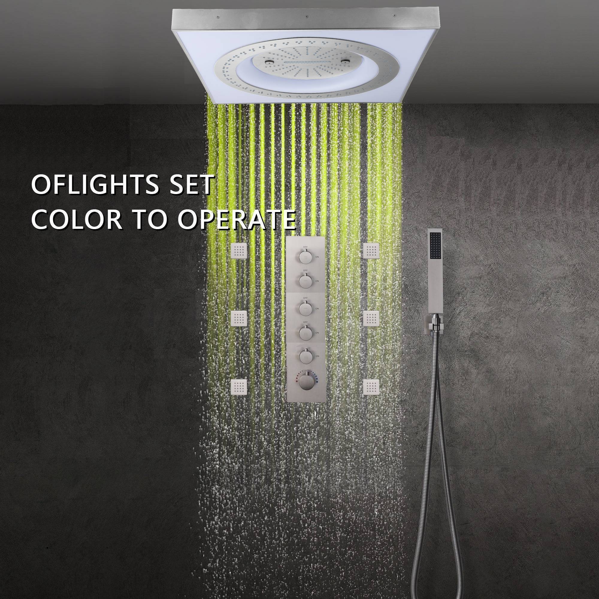 24" Flush Mount Rainfall Waterfall Shower System with LED, 5-Way Thermostatic Faucet, 6 Body Jets - Image 33