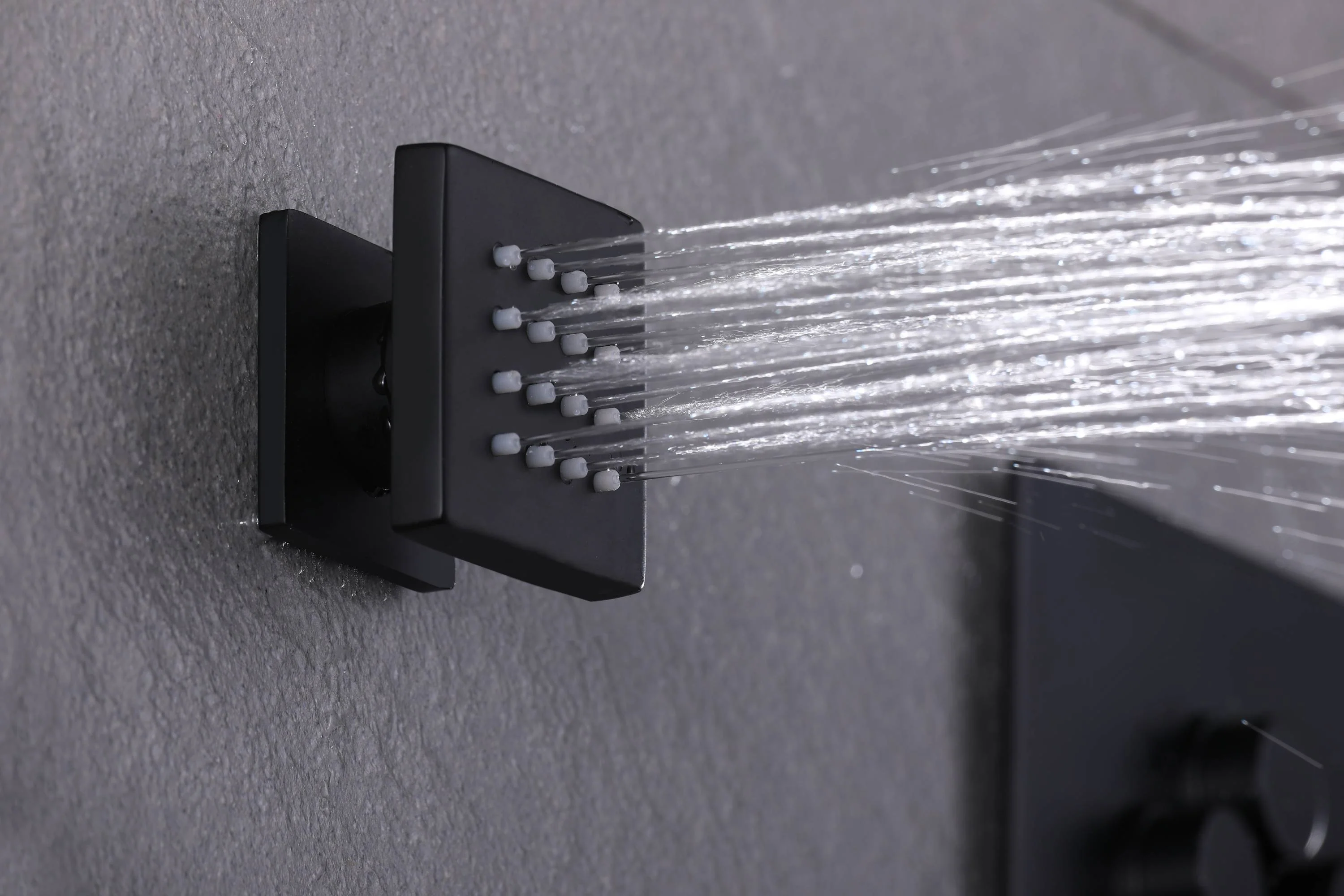 Matte Black Ceiling-Mounted 3-Way Thermostatic Shower System with 20-Inch LED or Non-LED Rainfall Shower Head, 6 Body Jets, and Sliding Bar - Image 10