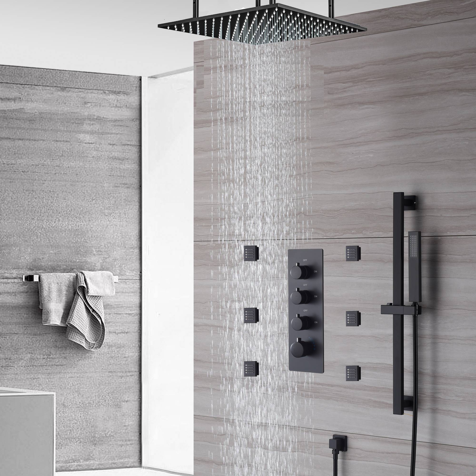 Matte Black Ceiling-Mounted 3-Way Thermostatic Shower System with 20-Inch LED or Non-LED Rainfall Shower Head, 6 Body Jets, and Sliding Bar - Image 2