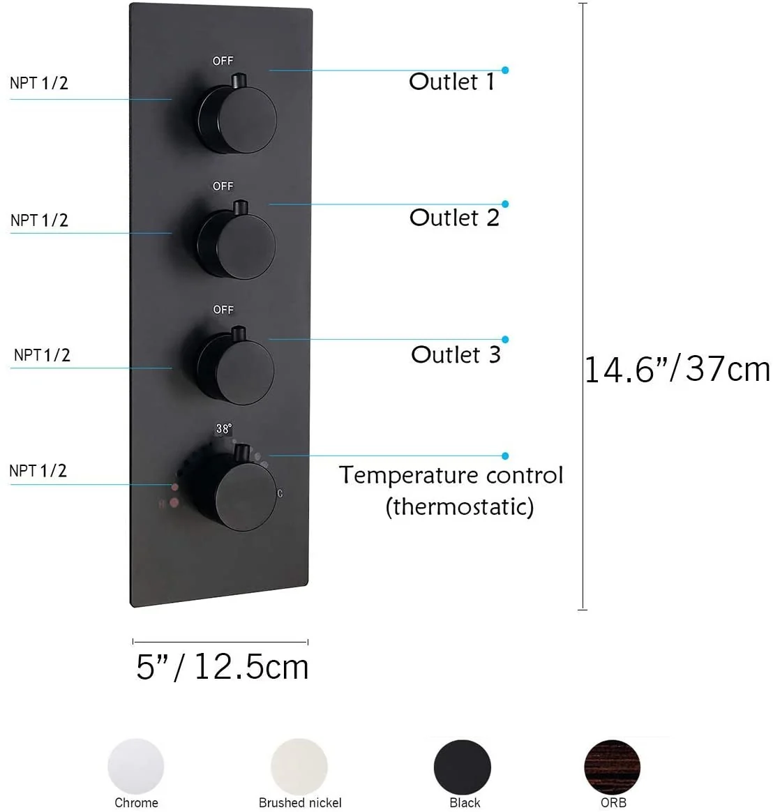 Matte Black Ceiling-Mounted 3-Way Thermostatic Shower System with 20-Inch LED or Non-LED Rainfall Shower Head, 6 Body Jets, and Sliding Bar - Image 5