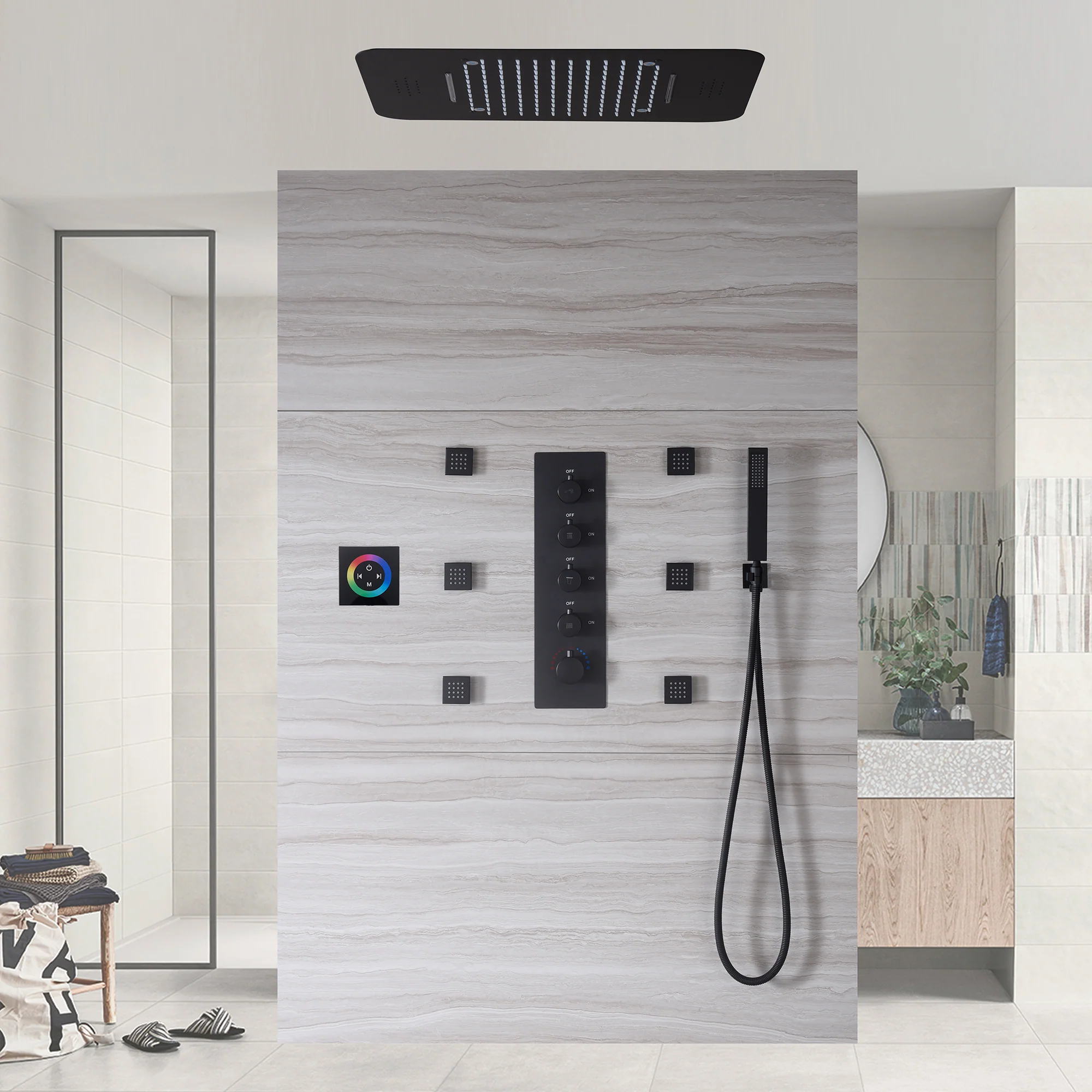 matte black 23 inch rainfall waterfall 64 LED lights Bluetooth Music shower 4 way thermostatic shower system with to touch panel and 6 body jets - Image 2