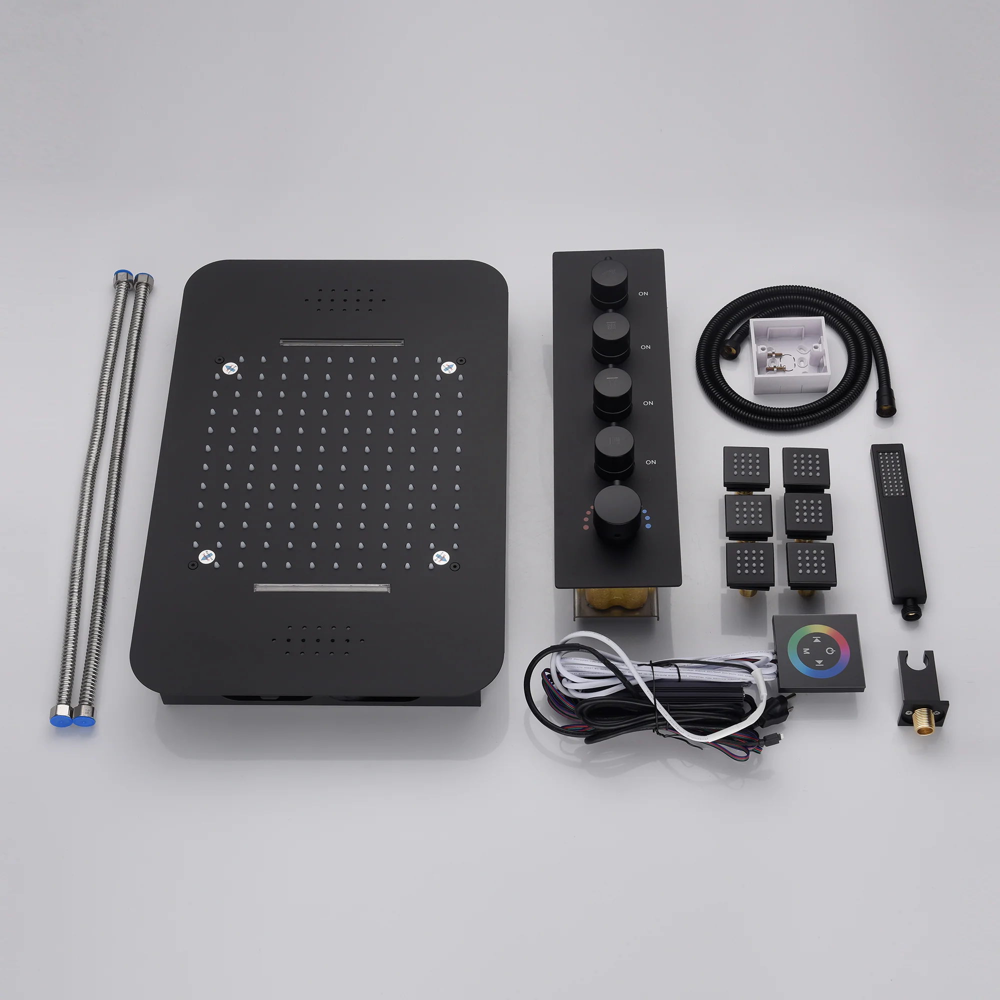 matte black 23 inch rainfall waterfall 64 LED lights Bluetooth Music shower 4 way thermostatic shower system with to touch panel and 6 body jets - Image 3