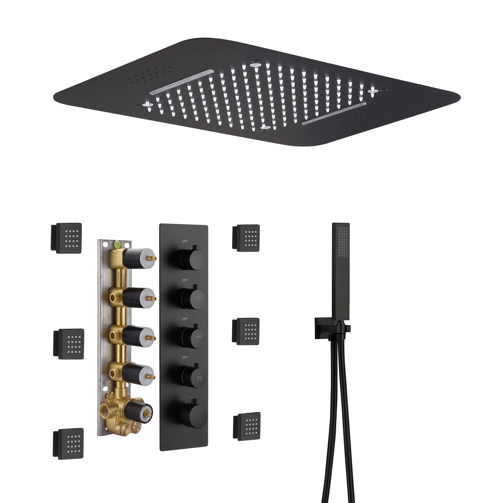 matte black 23 inch rainfall waterfall 64 LED lights Bluetooth Music shower 4 way thermostatic shower system with to touch panel and 6 body jets - Image 5
