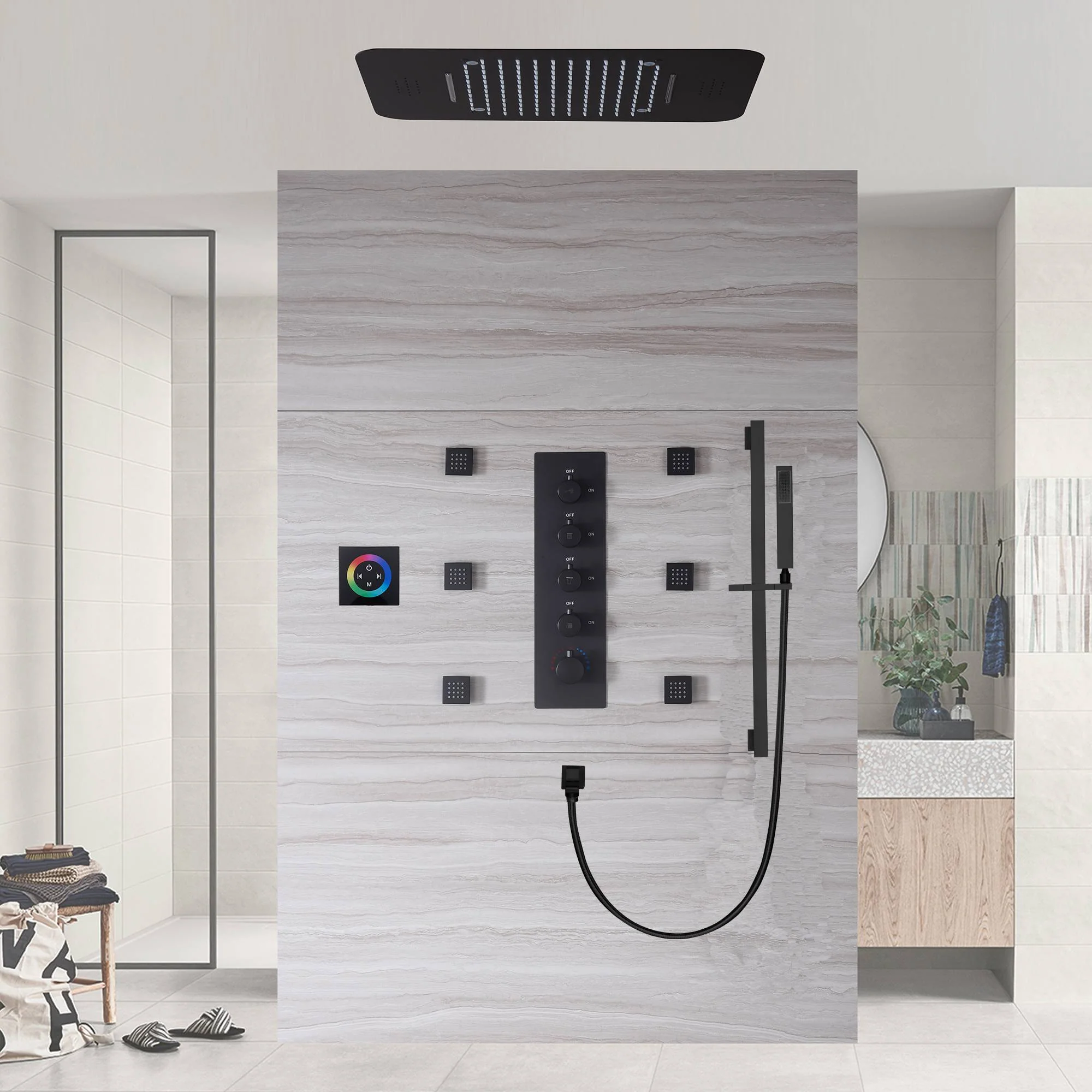 matte black 23 inch rainfall waterfall 64 LED lights Bluetooth Music shower 4 way thermostatic shower system with to touch panel and 6 body jets - Image 9