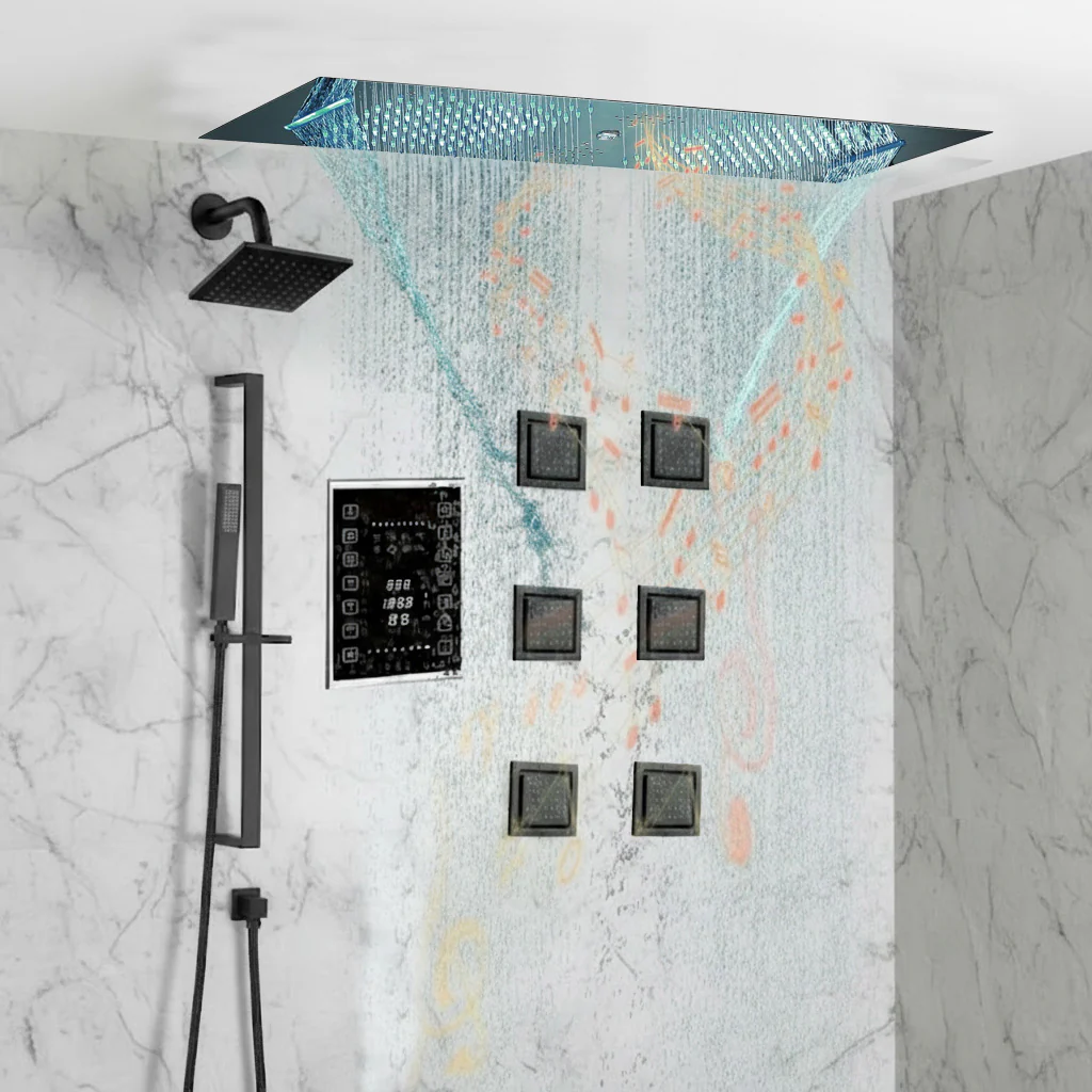 Matte Black 35" Bluetooth Music LED Shower System with Waterfall, 6-Way Touch Digital Thermostatic Valve, 3 Body Jets - Image 2