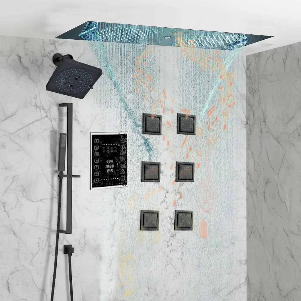 Matte Black 35" Bluetooth Music LED Shower System with Waterfall, 6-Way Touch Digital Thermostatic Valve, 3 Body Jets - Image 3