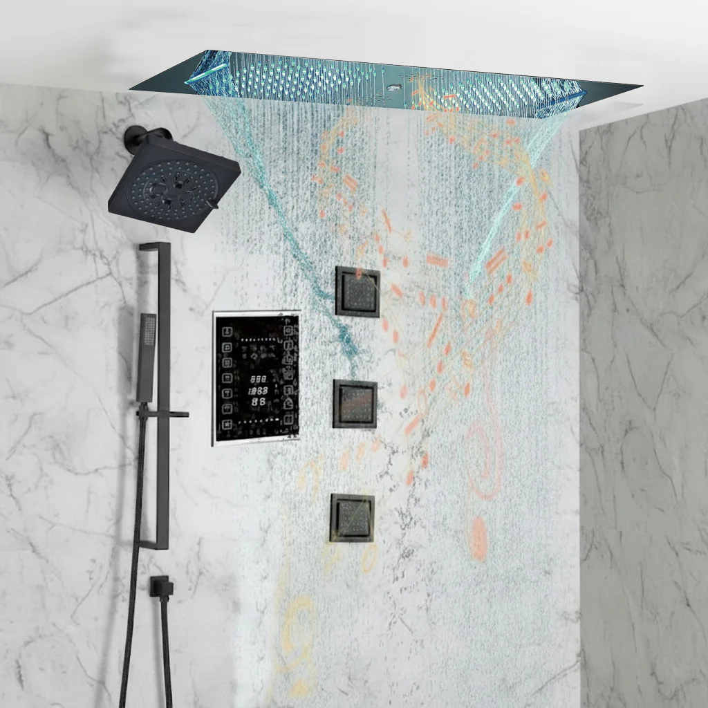 Matte Black 35" Bluetooth Music LED Shower System with Waterfall, 6-Way Touch Digital Thermostatic Valve, 3 Body Jets - Image 4